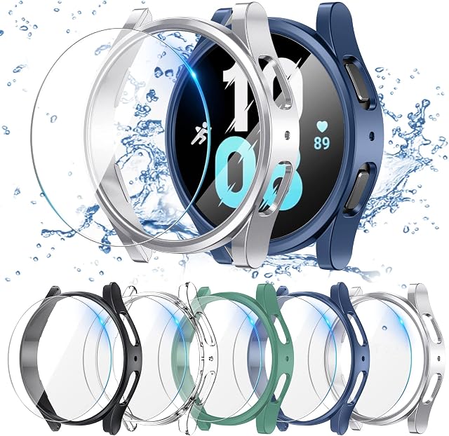 Neitra [5+5Pack] for Samsung Galaxy Watch 5 2022 & Watch4 2021 44mm Case + Screen Protector, Anti-Fog 5 Tempered Glass Protective Film + 5 Hard PC Bumper Cover Scratchproof Cases Accessories