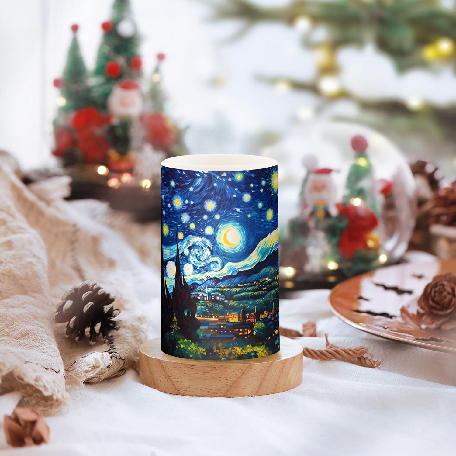 ALAZA Starry Night Mountain Art Flickering Flameless Candles Pillar Led Candles Battery Operated Candles with Remote and Timers Set of 2