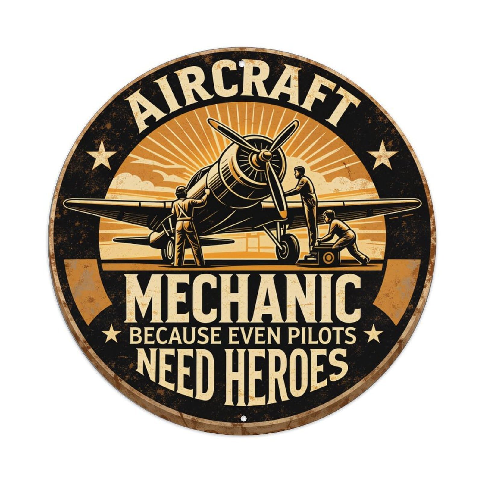 Aircraft Mechanic Heroic Service Emblem Round Tin Sign Vintage Metal Poster, Home Bar Garage Man Cave Cafe Indoor & Outdoor Wall Decoration 8x8Inches