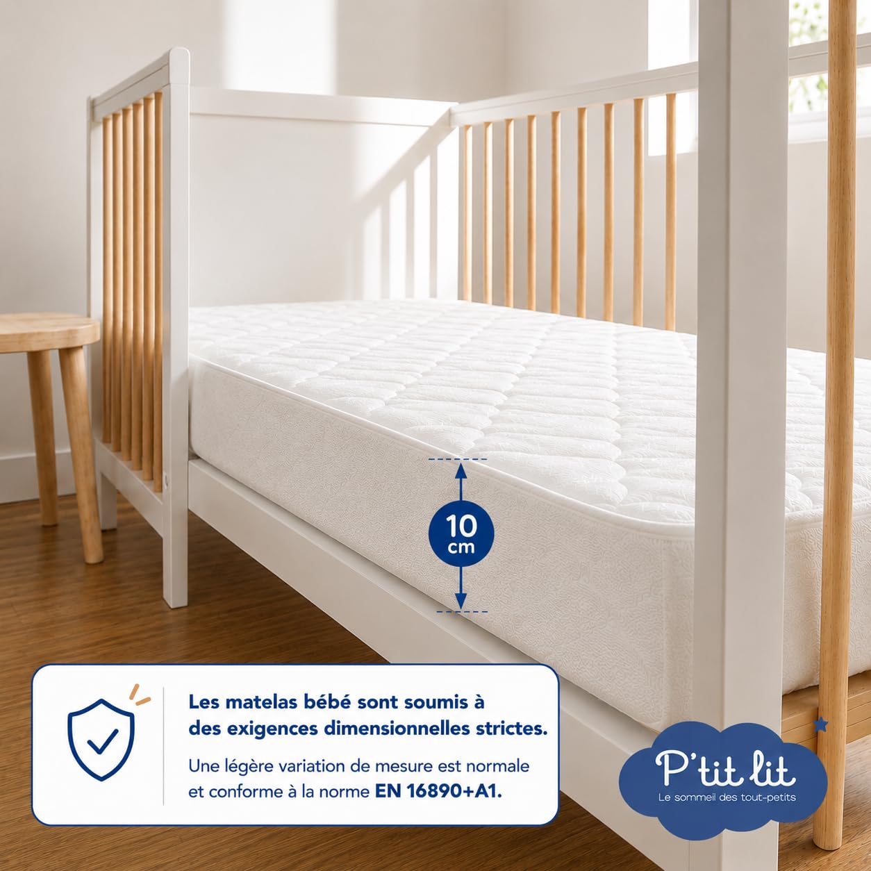 P'TIT LIT - Matelas Bébé/Enfant 60x120 cm - Réversible : Face Été/Face Hiver - sans Traitement Chimique - Certifié Oeko-Tex - Epaisseur 10 cm - Doux et Confortable