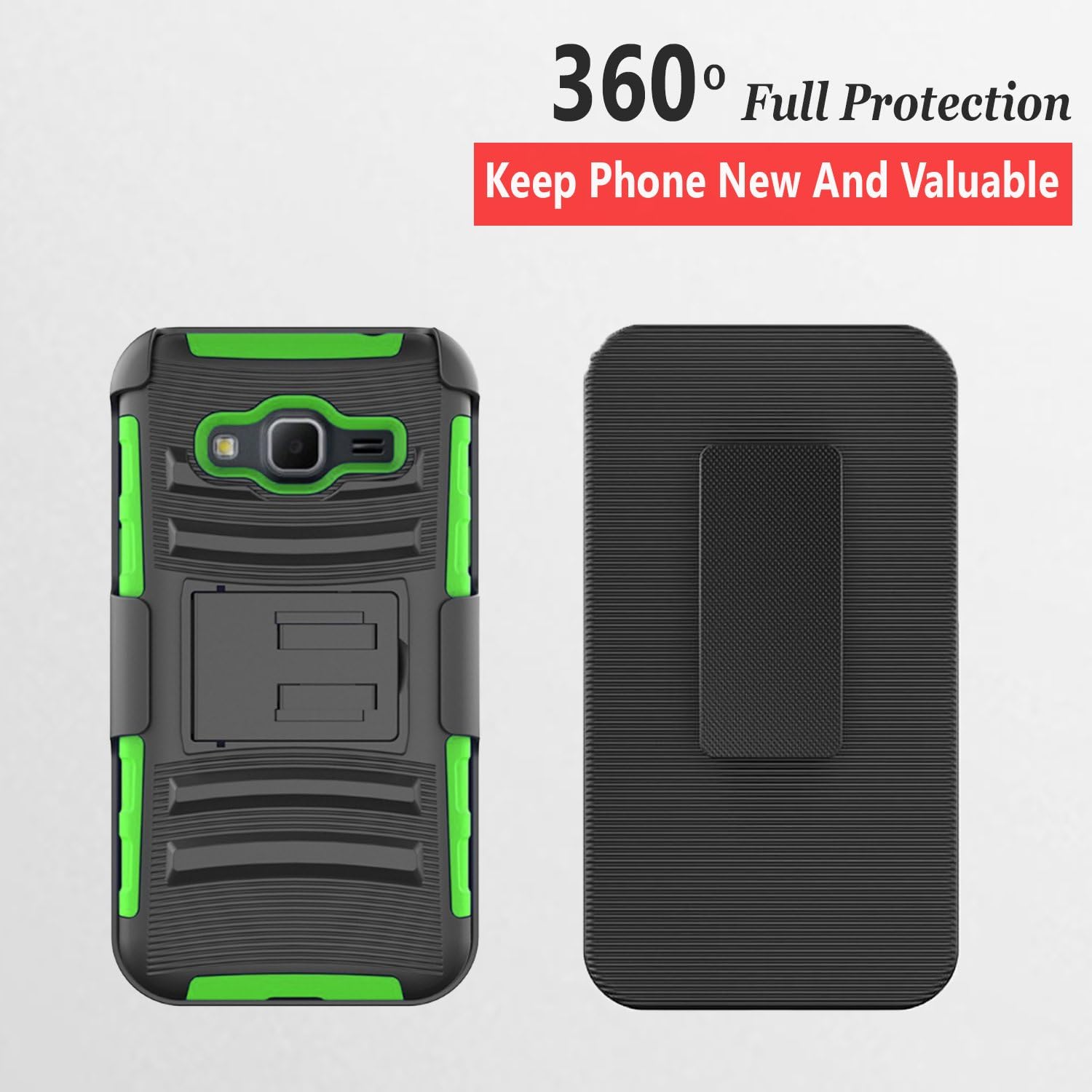 Core Prime Case, Samsung Galaxy Core Prime Case, Rugged Shell Cover Holster with Kickstand and Locking Belt Clip Black + Circle(TM) Stylus Touch Screen Pen and Screen Protector (Green)
