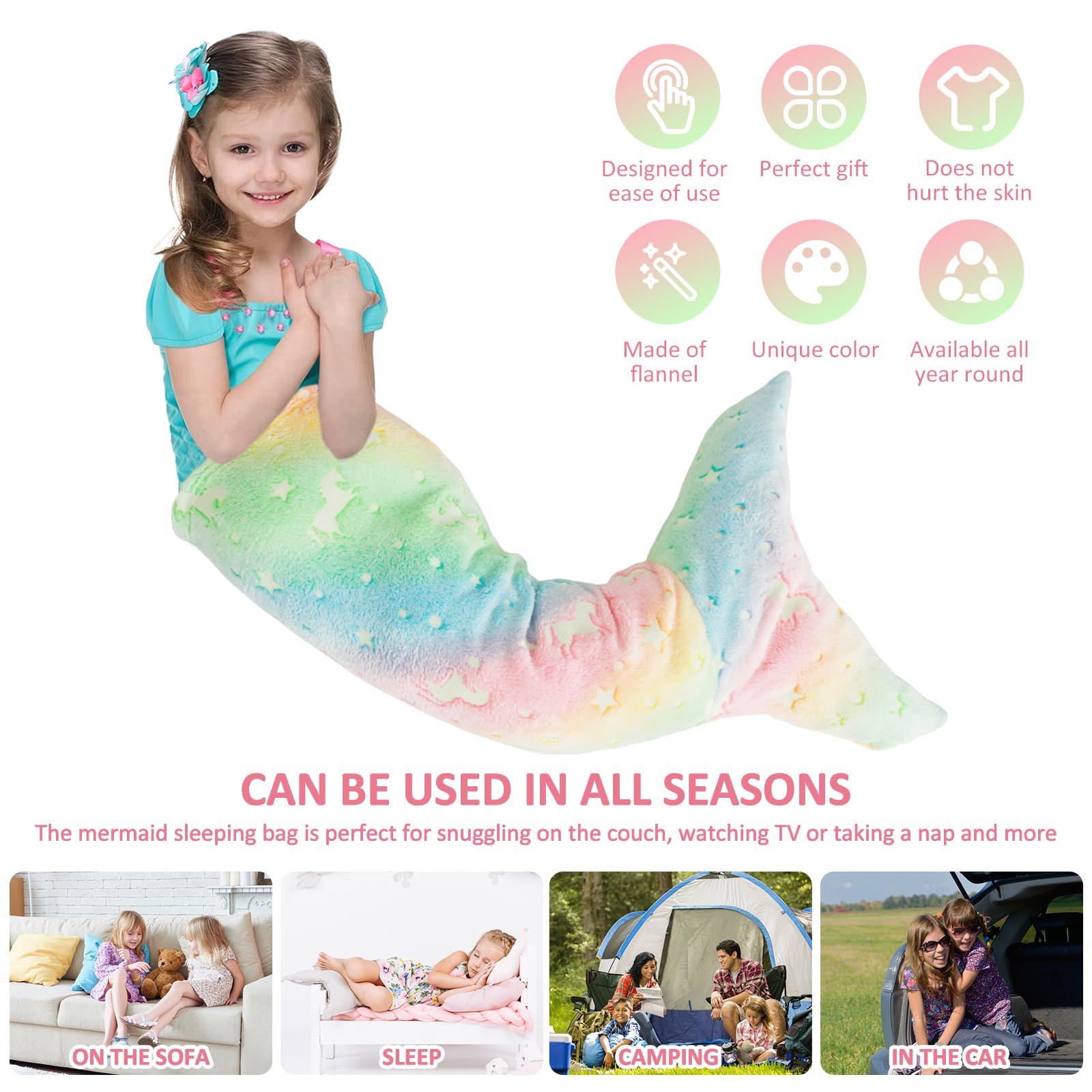 GUIJZSLTRG Kids Mermaid Tail Blanket 50x100cm Luminous Mermaid Blanket Flannel Girls Toys Colorful Snuggle Blankets Wearable Soft Mermaids Sleeping Bag for Toddler Teens Birthday, All Seasons - Image 3