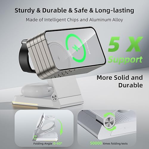 Miniatura 3 de Cargador inalámbrico plegable 3 en 1  Estación de carga inalámbrica magnética para Apple Magsafe soporte de cargador con luz, cargador de viaje