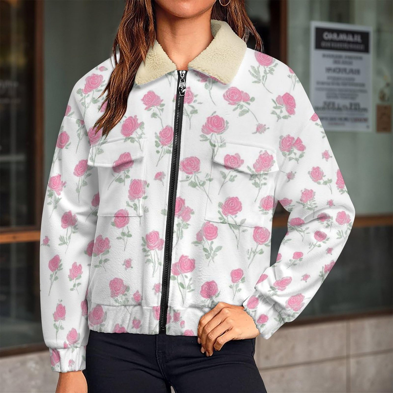 Donna Pile Stampa Illustrazione retrò Caldo con Cerniera, Giacca da Camera Invernale Corta Pile Giacche, Piccola Rosa Cappotto In Peluche Sherpa Giubbotto Fleece Comoda