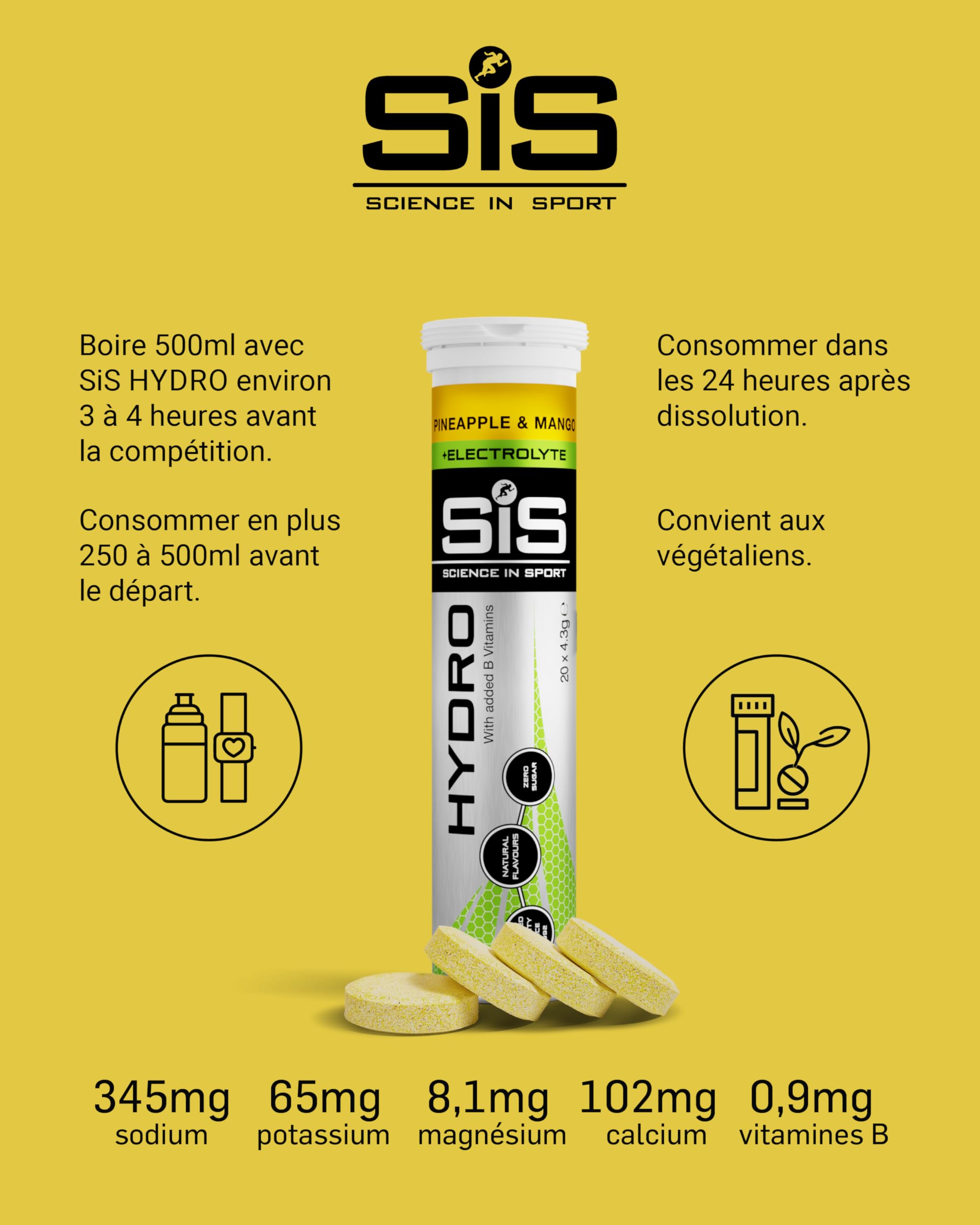Science In Sport Hydro Comprimés d'Hydratation, Sans Gluten, Zéro Sucre, Saveur Ananas et Mangue Plus Électrolytes, 20 Comprimés Effervescents par Flacon (8 Flacons)