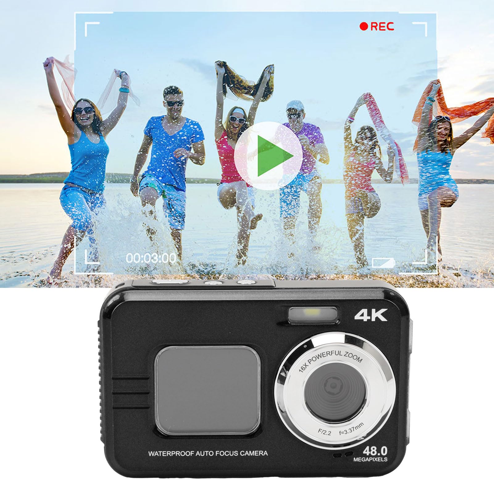 Cámara subacuática 4K de con 48 MP automático, pantalla, agua de 11 pies para esnórquel y emocionante al aire libre S (negro)