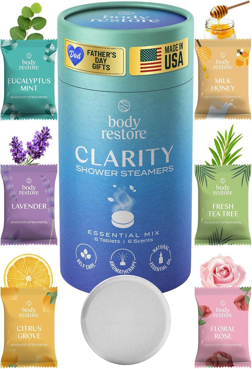 Body Restore Shower Steamers Aromatherapy 6 Pack - Relaxation Birthday Gifts for Women and Men, Travel Essentials, Stress Relief and Self Care - Clarity