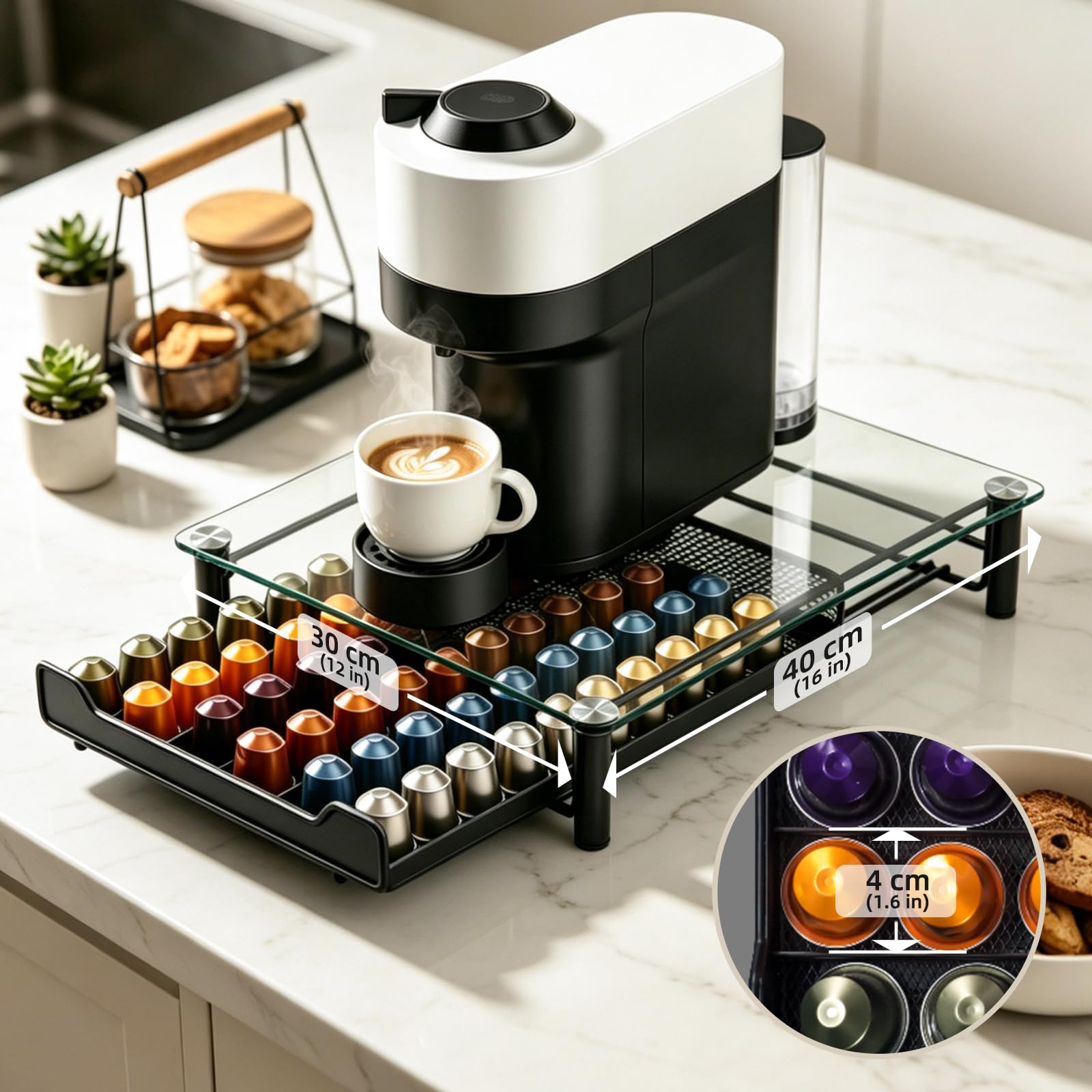 Masthome Tiroir de Rangement pour 60 Capsules Nespresso, Porte Dosette de Café avec Présentoir en Verre, Présentoir Distributeur Tiroir en Maille de Plateau Stockage pour Nespresso