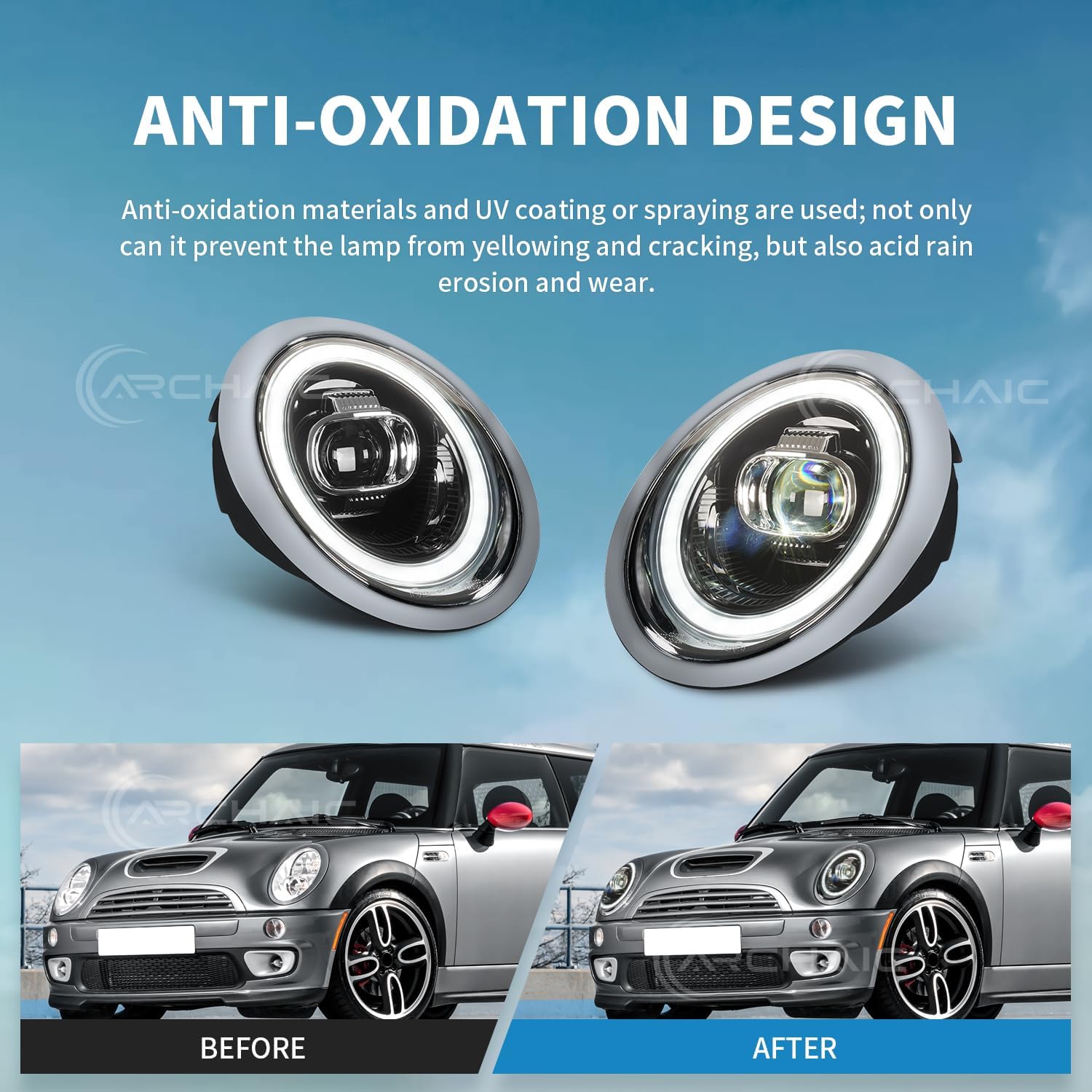 Archaic Headlights Compatible for Mini Coopers R50 R52 R53 2001–2007,Front Lights W Sequential Turn Signals,Animation DRL,Pair