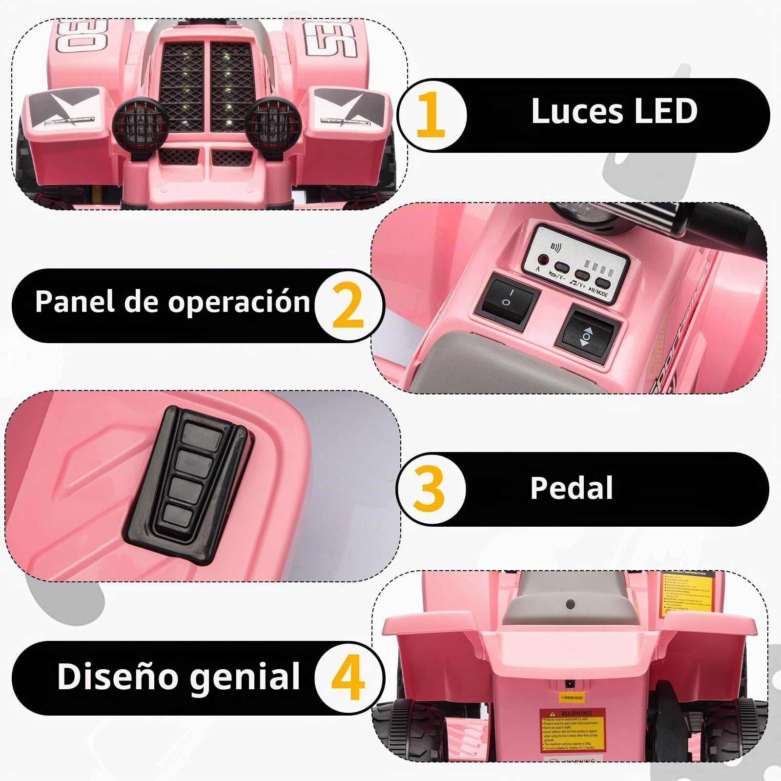 Quad Eléctrico Niño 6V, Coche Eléctrico para Niños de 3 a 6 Años, con LED Y Música, 1,8 km/h con Botón, Arranque de Larga Autonomía,Rosa