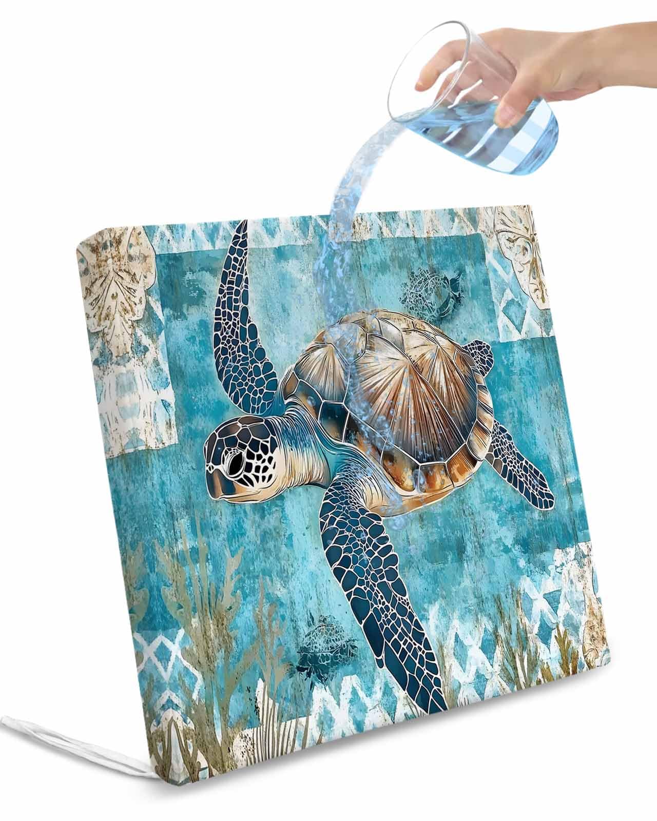 2 Pack Blue Green Coastal Waterproof Cushion Covers with Ties, Outdoor Patio Chaise Lounge Chair Seat Cushion Slip Covers Replacement(Only Cover) Sea Turtle Ocean Retro 22