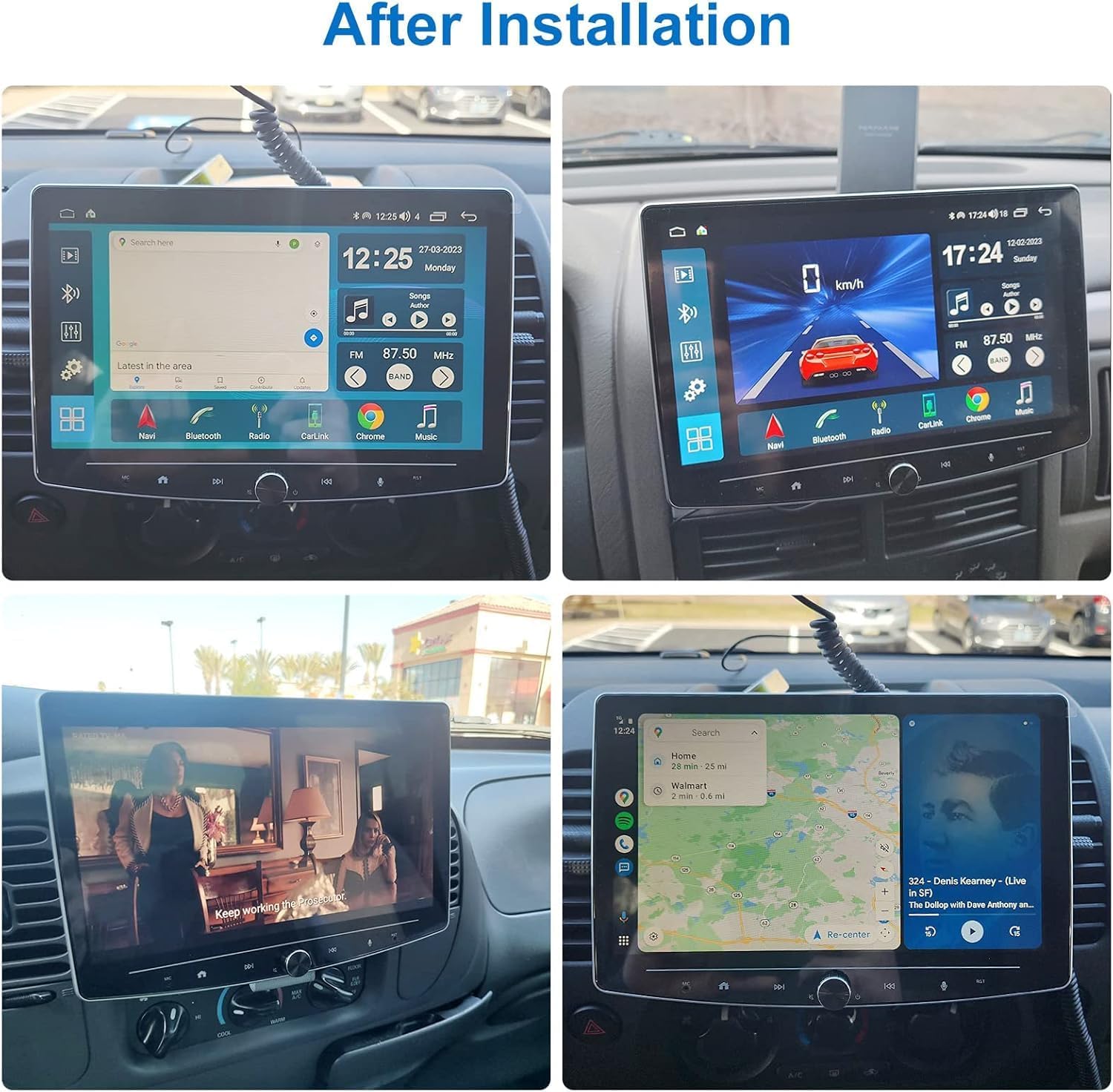 Four images showing the car stereo installed in different vehicle dashboards