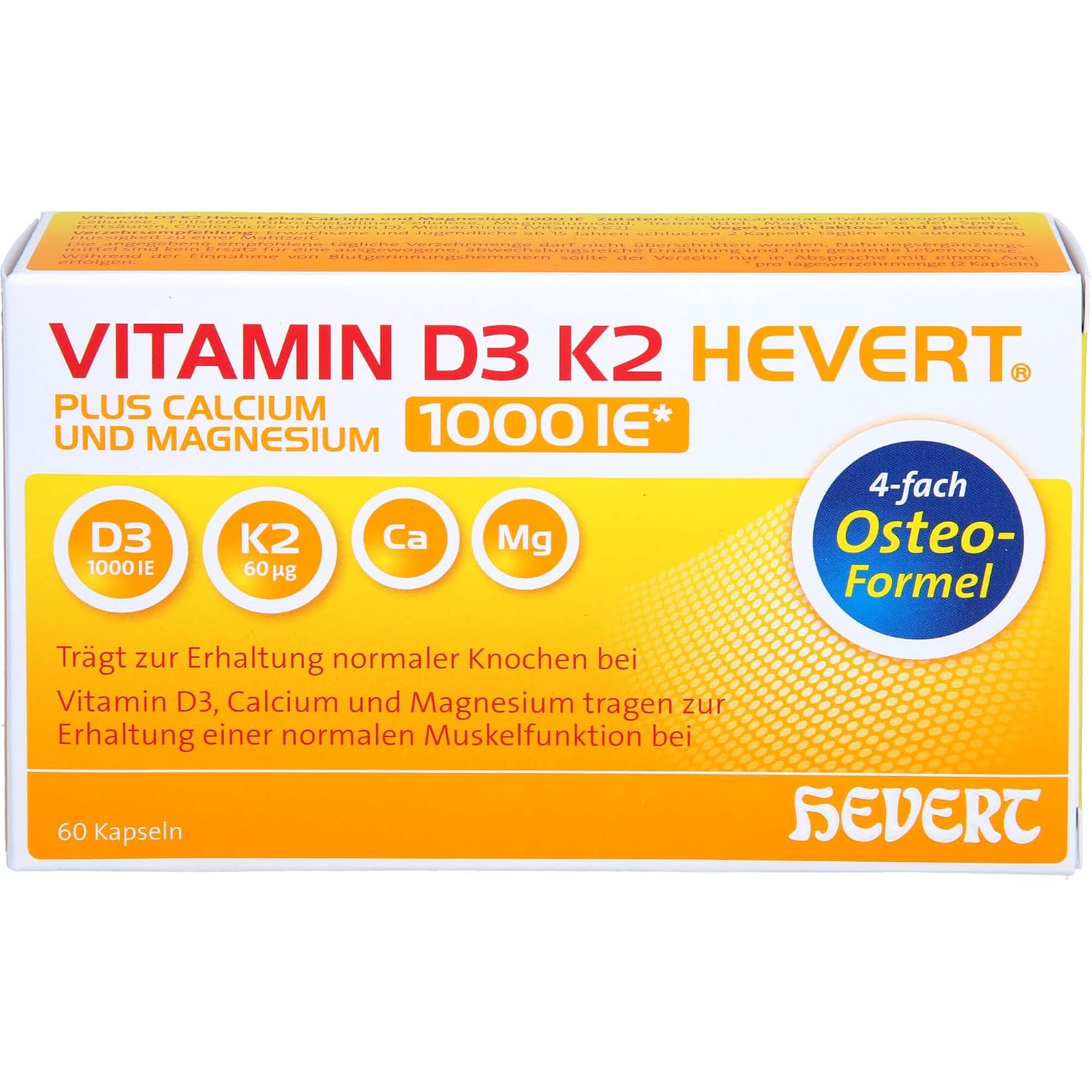 Vitamin D3 K2 Hevert plus Calcium und Magnesium 1000 IE Kapseln, 60 St