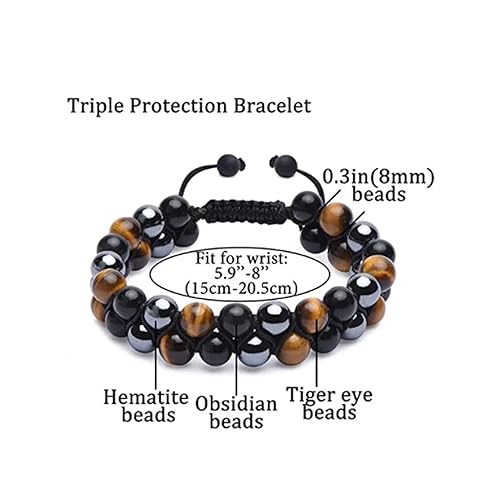 Miniatura 5 de Triple Protection Bracelet Tiger Eye Stone Hematite and Black Obsidian Natural Stone Beads 8mm Bracelets for Men Women