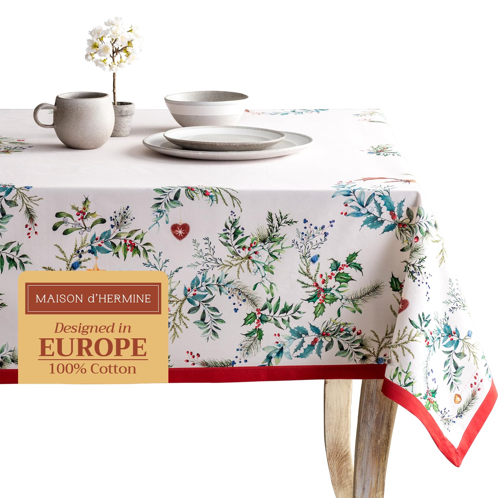Maison d'Hermine Tischdecke Rechteckig 100% Baumwolle 220 cm x 160 cm Wiederverwendbar Alltagsgebrauch für Weihnachtsdekorationen Esszimmer Landhaus Zuhause Party Festlich (Holly Time)