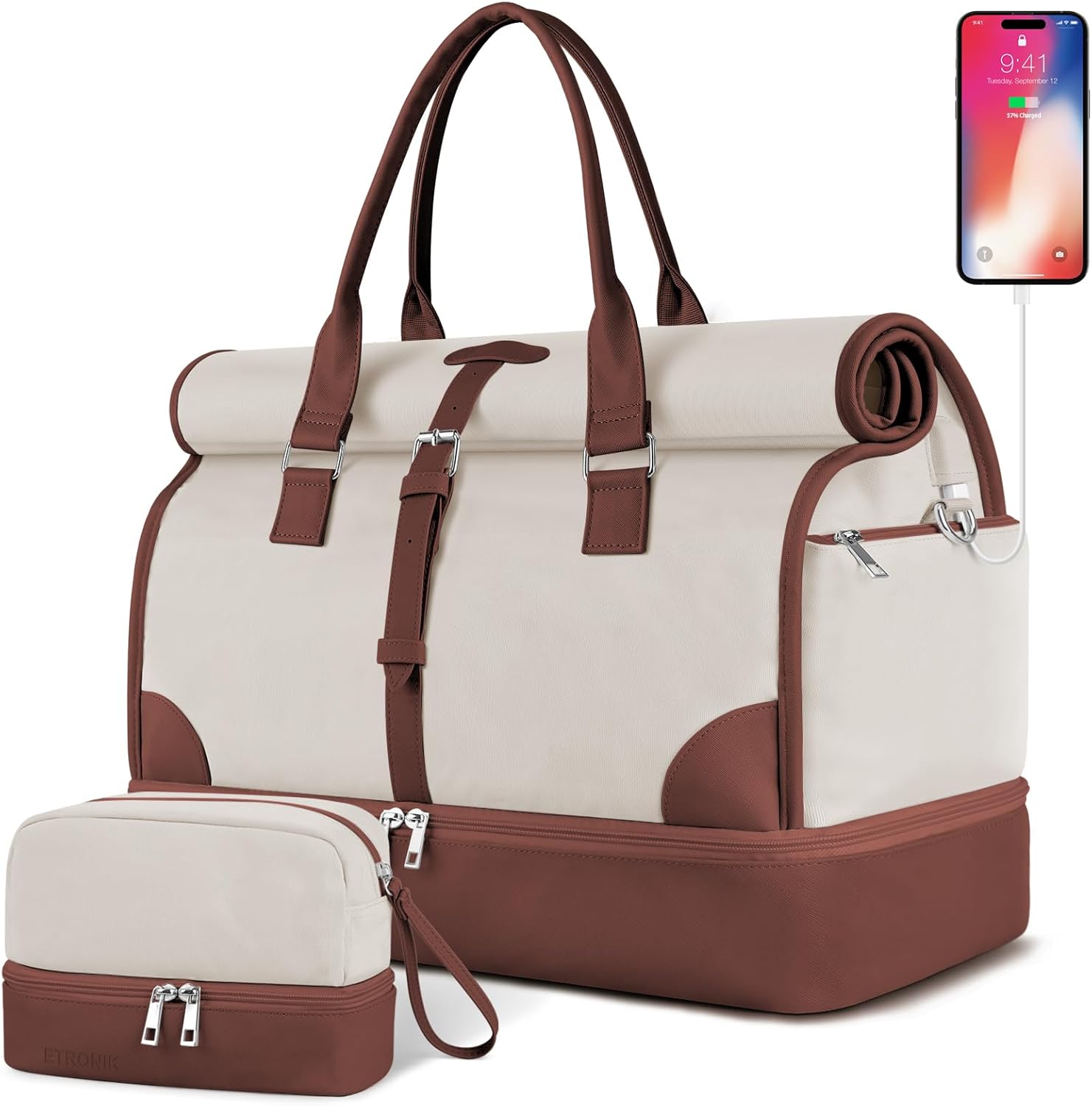 ETRONIK Expandable Travel Bag for Women, Rolltop Weekender