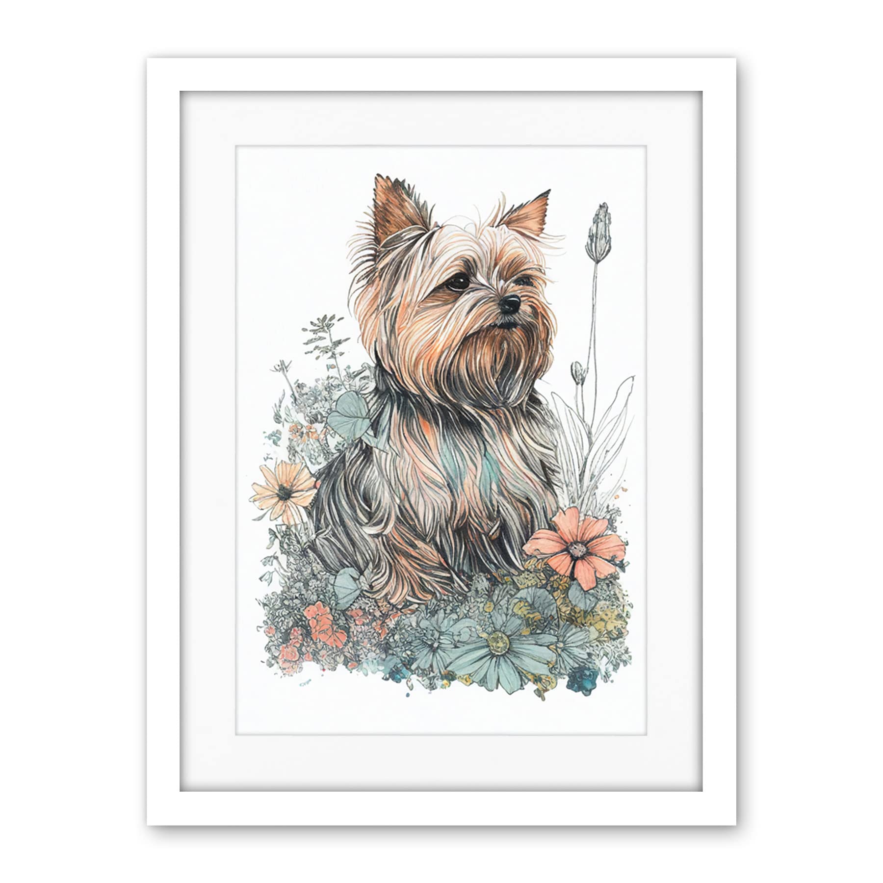 Artery8 Yorkshire Terrier Dog in Wildflowers Bright Watercolour Illustration Artwork Framed Wall Art Print 18X24 Inch