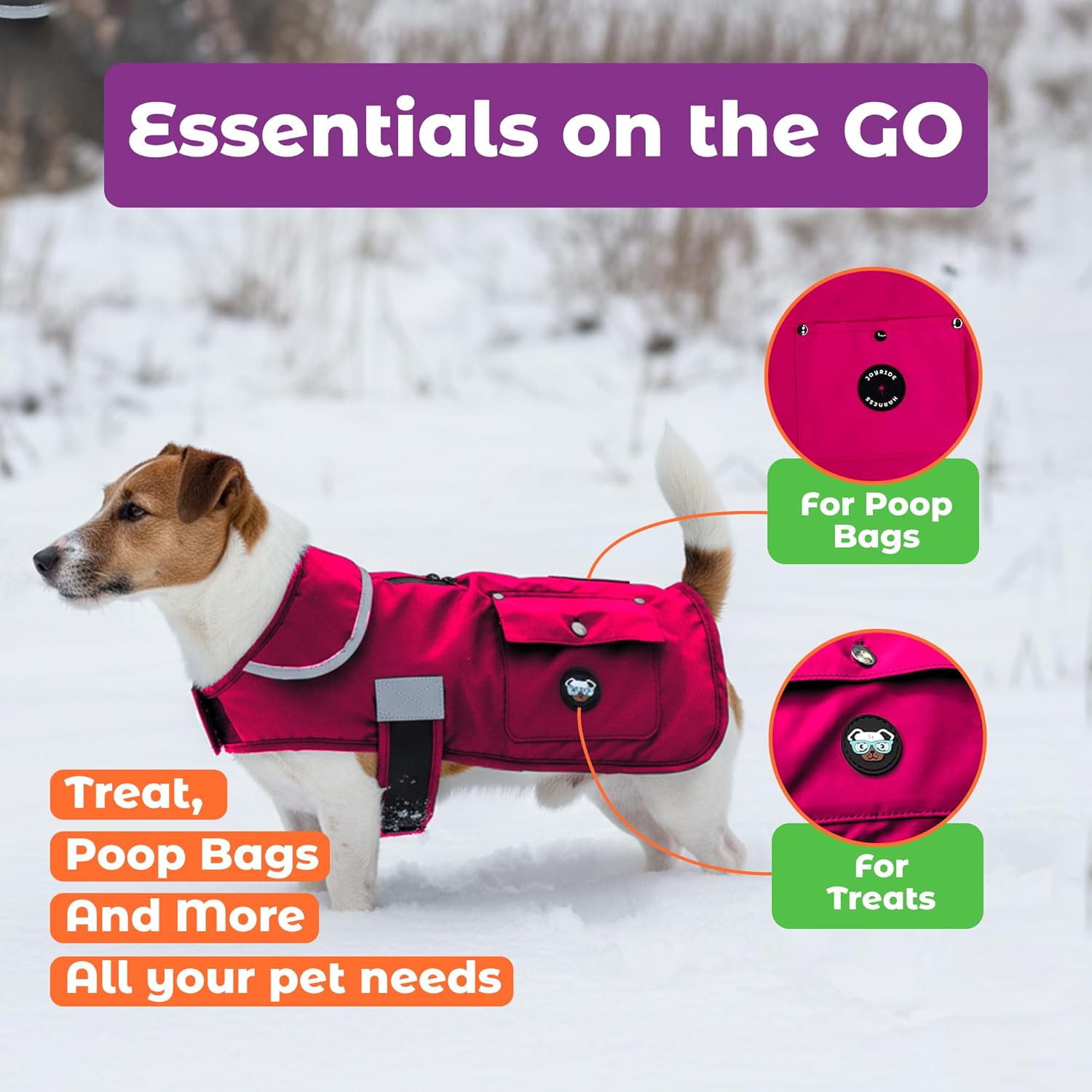 Joyride Harness FrostFlex Dog Winter Jacket - Fleece Lined & Water-Resistant - Snowsuit with Pockets for Treats & Poop Bags - Durable Cold Weather Dog Coat - Pink Berry-XS