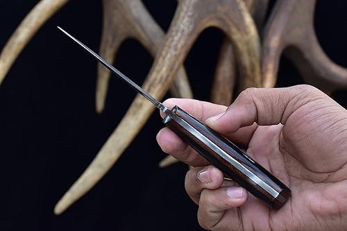 Miniatura 5 de Knives Ranch Cuchillo utilitario EDC hecho a mano de acero de Damasco  Espiga completa  Mango de micarta de arpillera  Funda resistente para