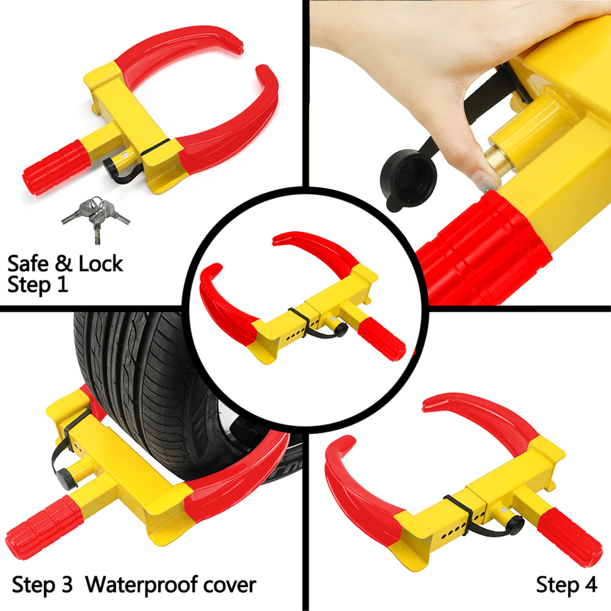 KAYCENTOP Wheel Clamp Lock Tire Lock Anti Theft Lock Fit Most Vehicles Max 11" Tire Width and 7" Reach for Trailers SUV Boats ATVs Motorcycles Golf Cart Great Deterrent Bright Yellow/Red, 3 Keys