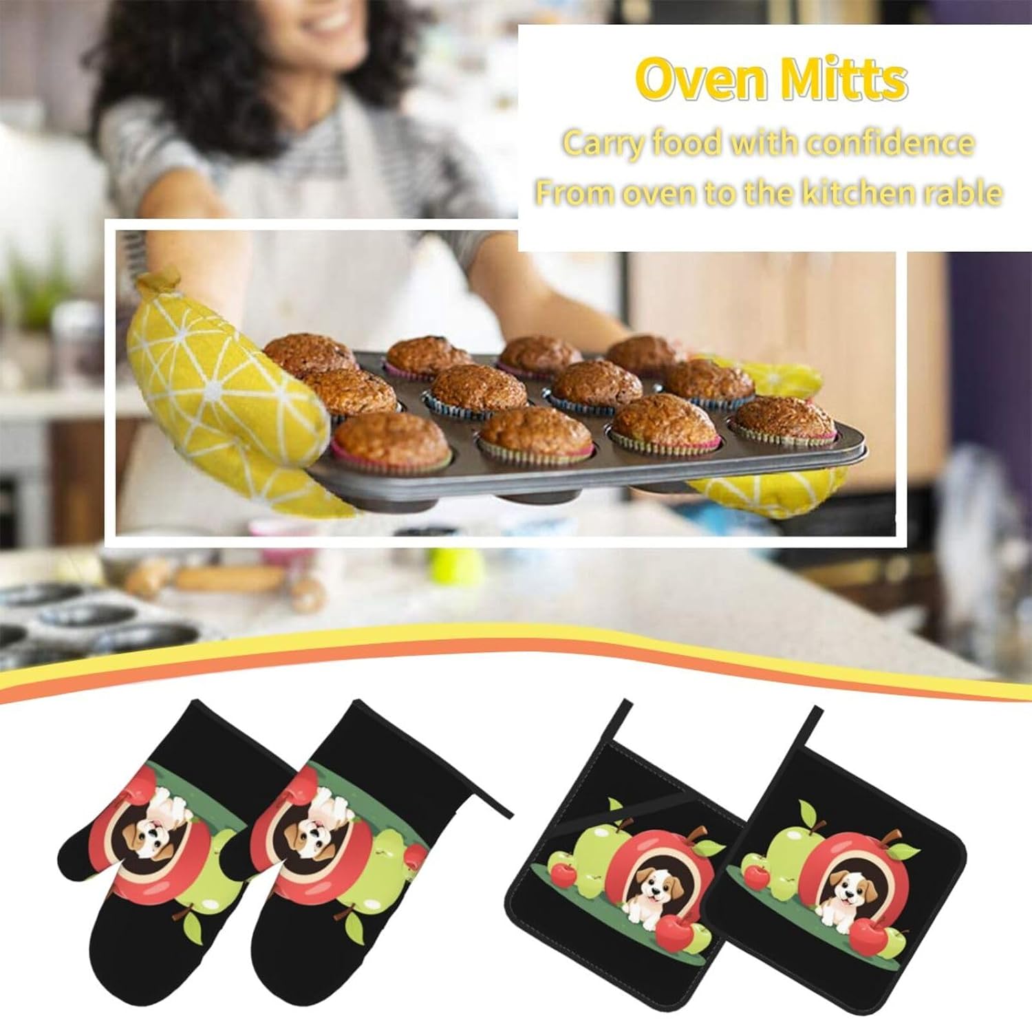 Puppy Fruit House Prints Kitchen Covers: Waterproof Oven Layers for Safe Cooking & Easy Cleanup - 4 Piece Heat Protection Set