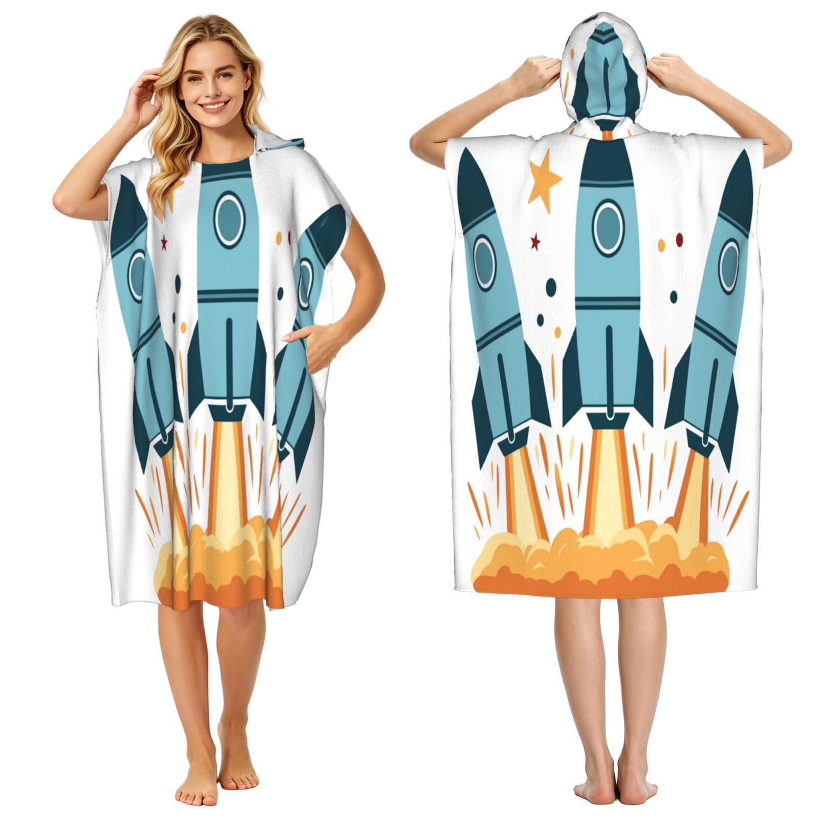 DTHKJNLSF Cartoon Rocket Adult Hooded Beach Poncho Towel