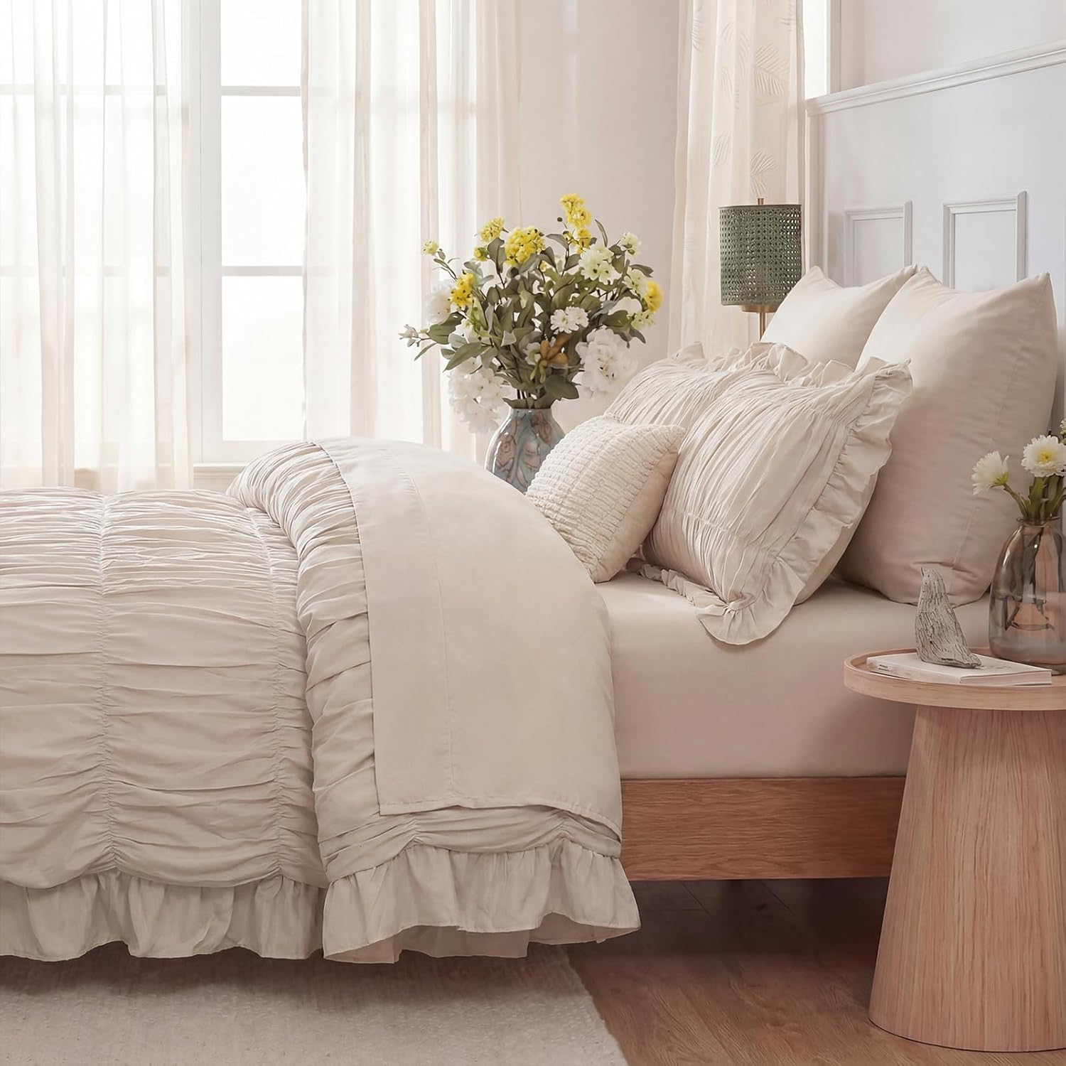 Herside Beige Ruffle Ruched Duvet Cover Set Queen Size,Boho Romance Ruched Bedding 3 Pieces Shabby Chic Wrinkle Ruffle Comforter Cover Set,Breathable and Soft Microfiber Quilt Cover Set