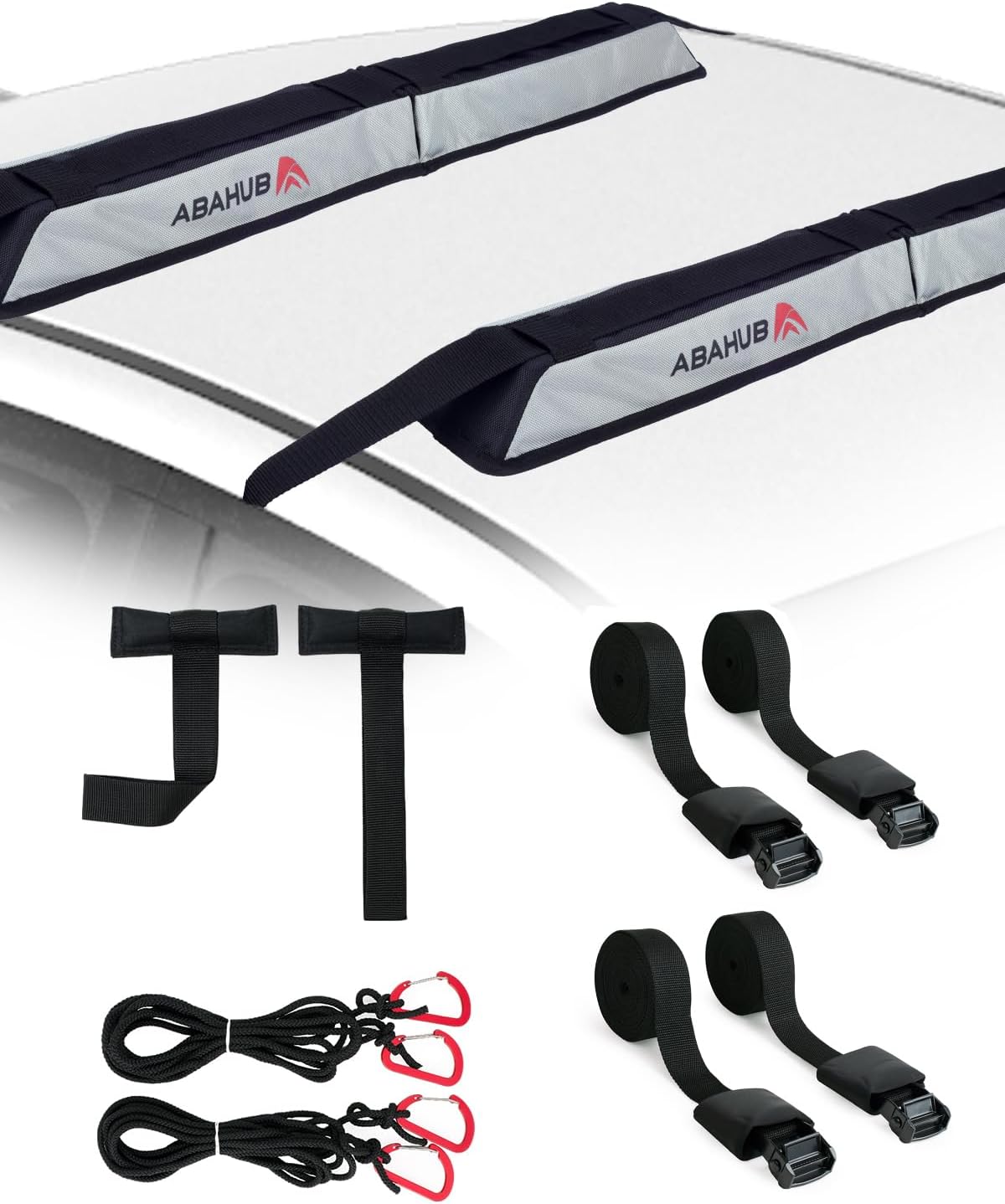 Abahub Soft Roof Rack Pads with 2 Tie Down Straps, 2 Tie Down Ropes, 2 Hood Loops and Storage Bag, for Surfboard, Kayak, Canoe, Heavy Duty Universal Car Roof Racks System