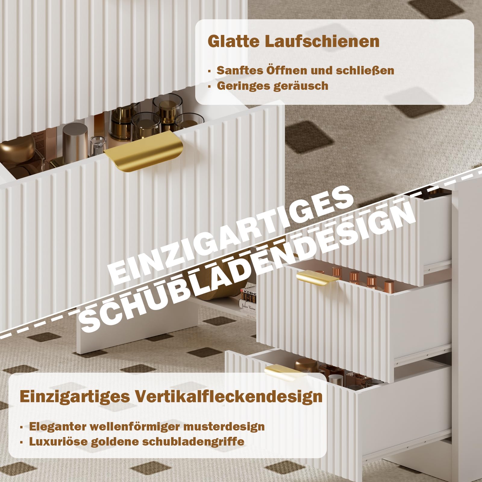 TRIUMPHKEY Schminktisch mit Spiegel und Licht mit LED-Beleuchtung mit Steckdosen (AC,USB&Type-C) 5 Schubladen 7 offene Stauräume mit Schmuckhaken, Make Up Tisch modern 149x114x40cm Satinweiß
