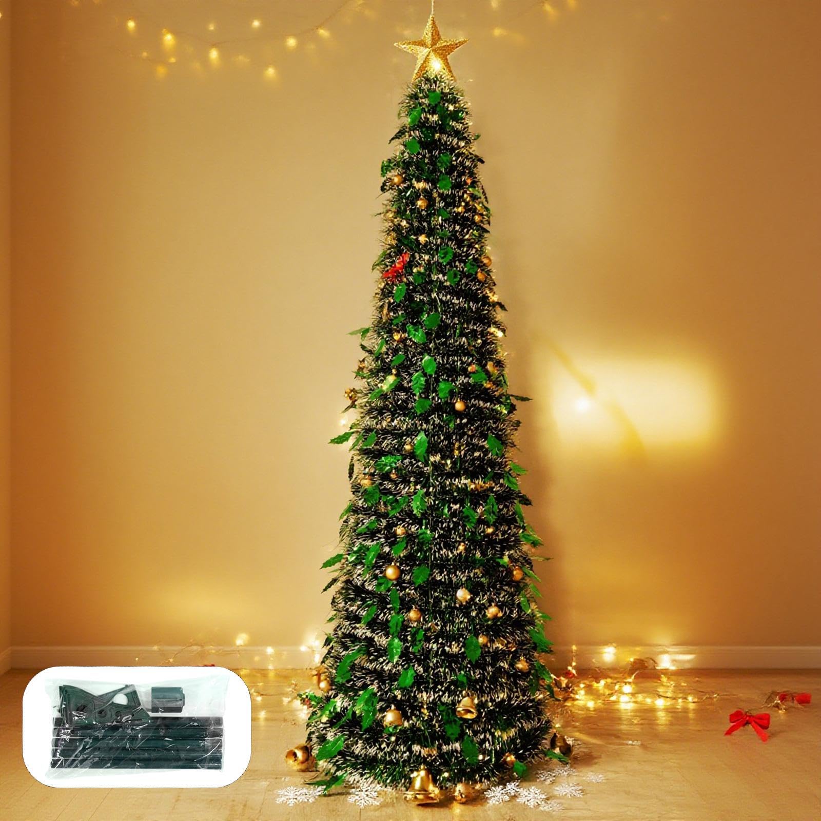 Árbol De Navidad Artificial De Pino Plegable | Material de PET y hierro, diseño plegable, iluminado, fácil montaje, decoración hogar