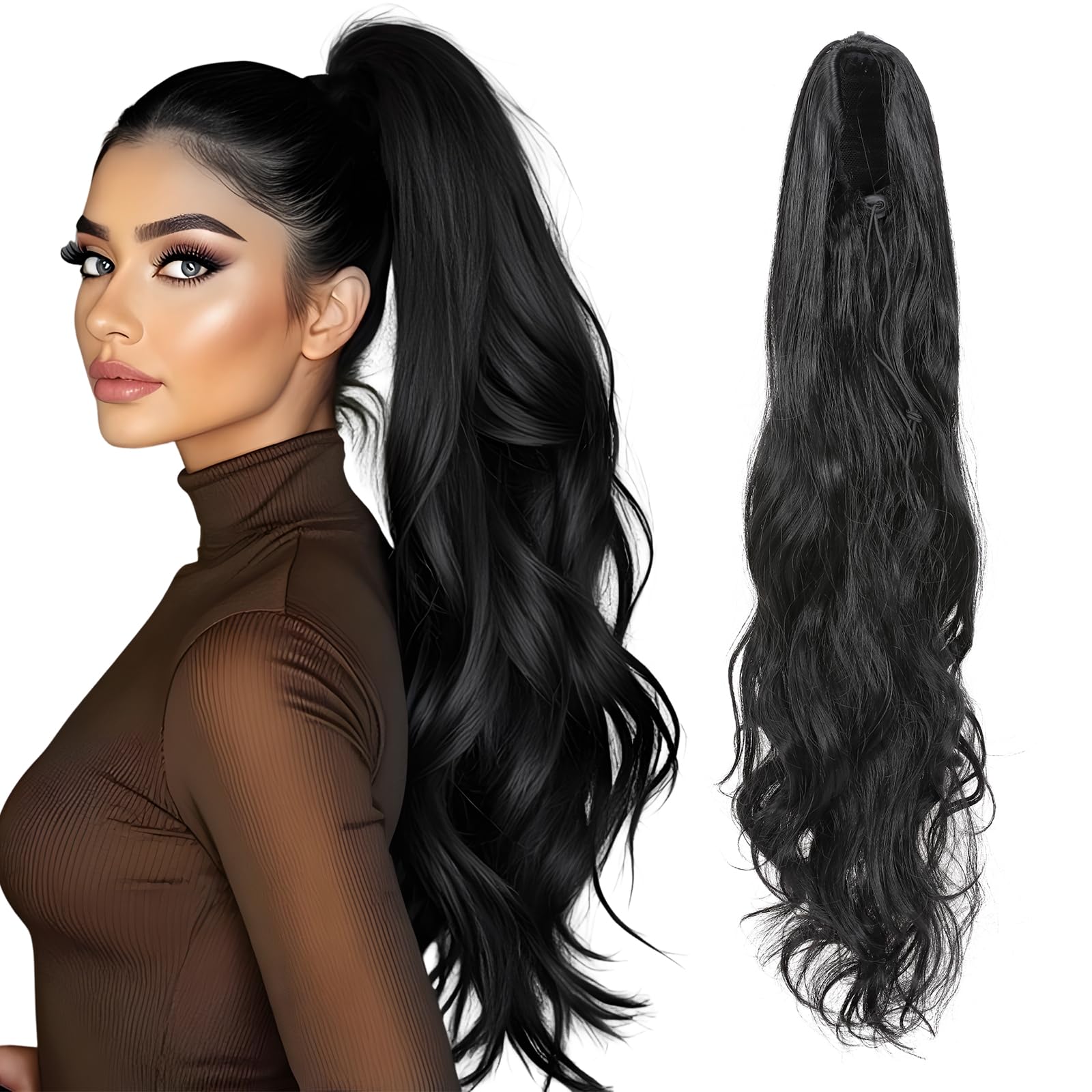 TESS Wavy Ponytail Extension, Drawstring Clip in Ponytail Hair Extensions, Long Hair Extensions, 24 Inches 160g, Dark Black