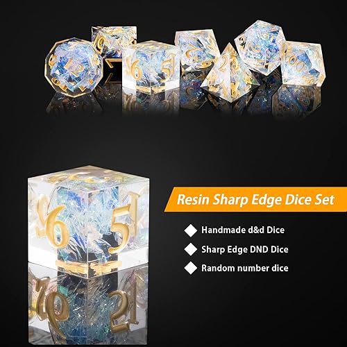 Miniatura 5 de DND - Juego de dados de resina con borde afilado, hecho a mano, 7 piezas poliédricos RPG MTG D&D con estuche de regalo (amarillo)