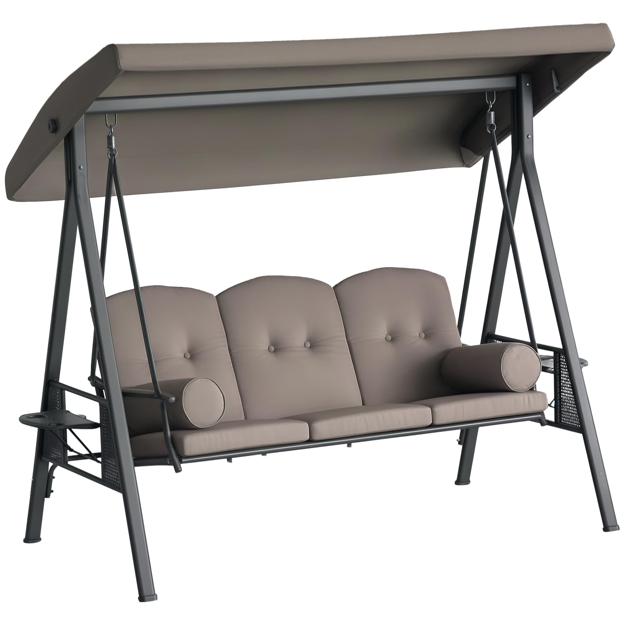 Outsunny Balancelle de Jardin 3 Places Toit Inclinaison réglable Coussins Plateaux rétractables Polyester Marron