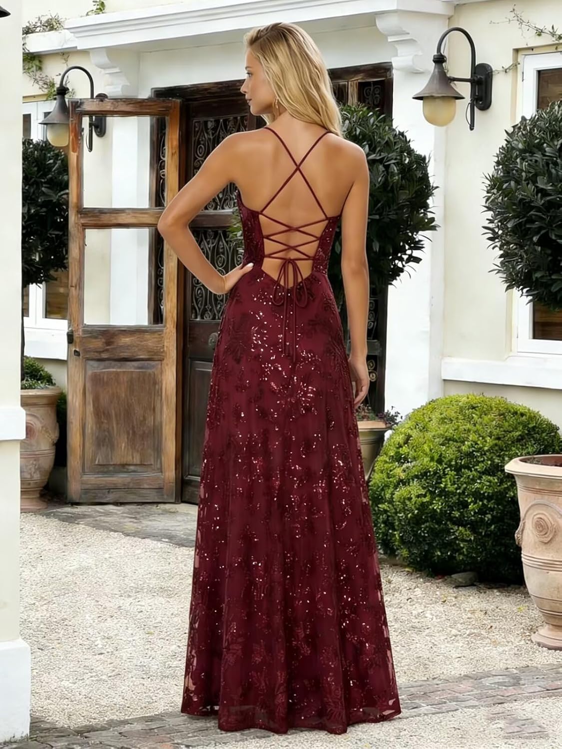 Sparkly Sequin Lace Prom Dress Long Spaghetti Straps Floral Formal Evening Party Gown