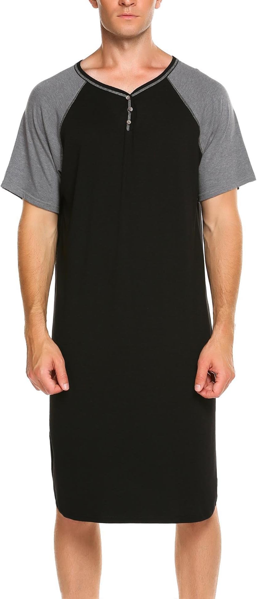 Declare Men V Neck Short Sleeve Contrast Color Loose Sleepshirt Nightshirt with Pocket