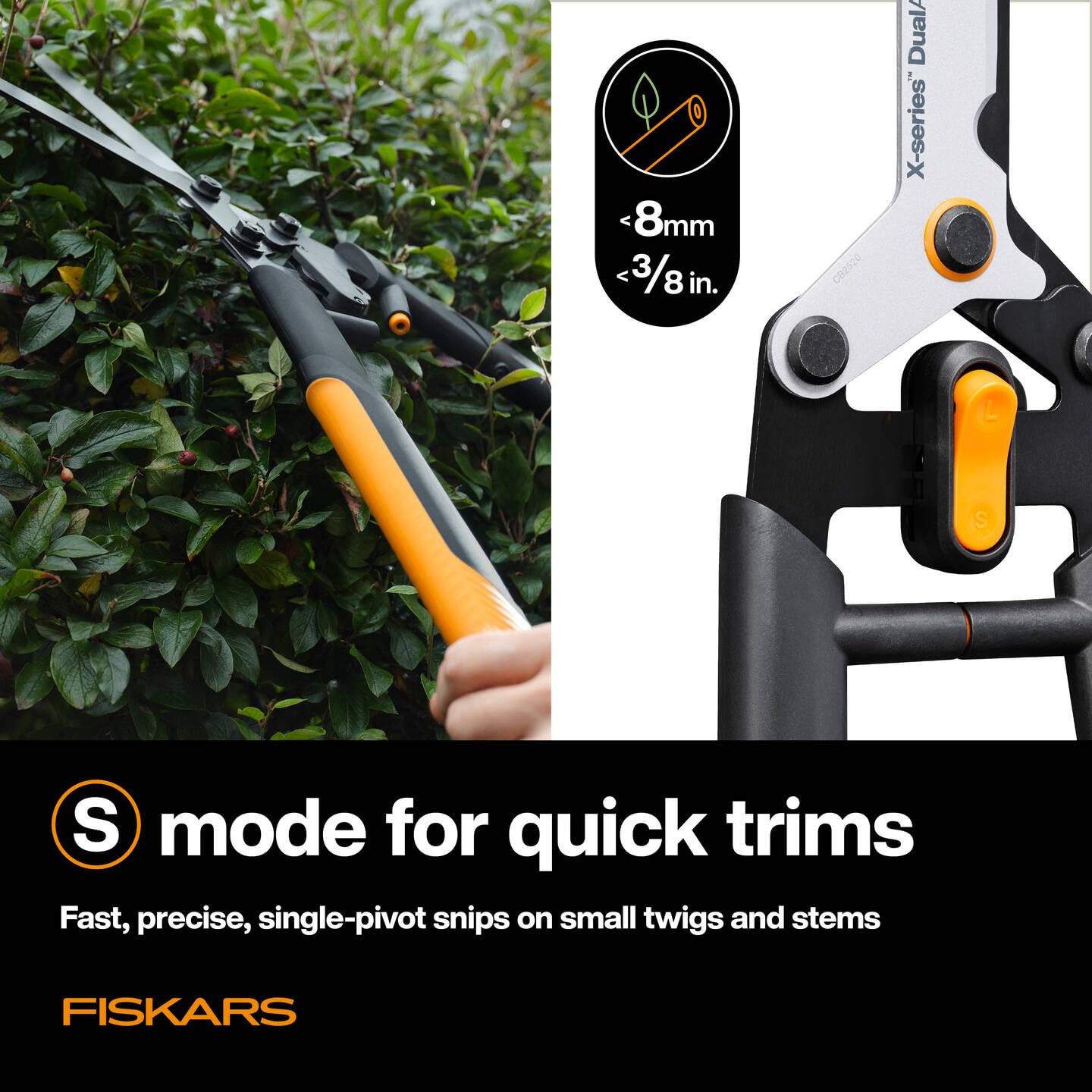 Fiskars X-series DualAction Tijeras cortasetos HSX96, Modo 2en1 para cortes rápidos o potentes, Cuchillas de acero con revestimiento antiadherente/Mangos FiberComp, Negro/Naranja, 1080134