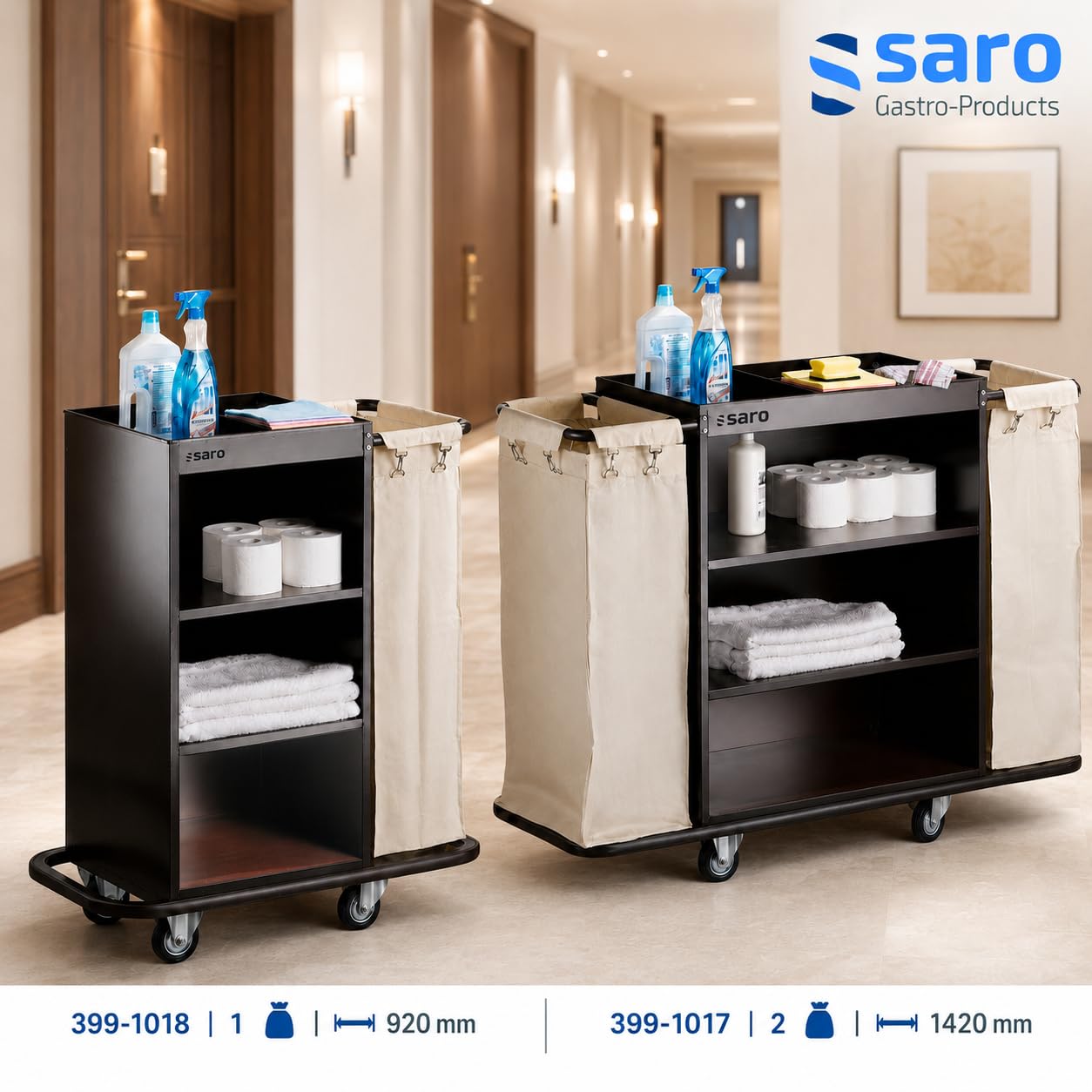 Saro Zimmerservicewagen – 920×450×1120 mm – Stahl lackiert – Gummi-Stoßschutz – Abnehmbarer Wäschesack – Modell AF 260