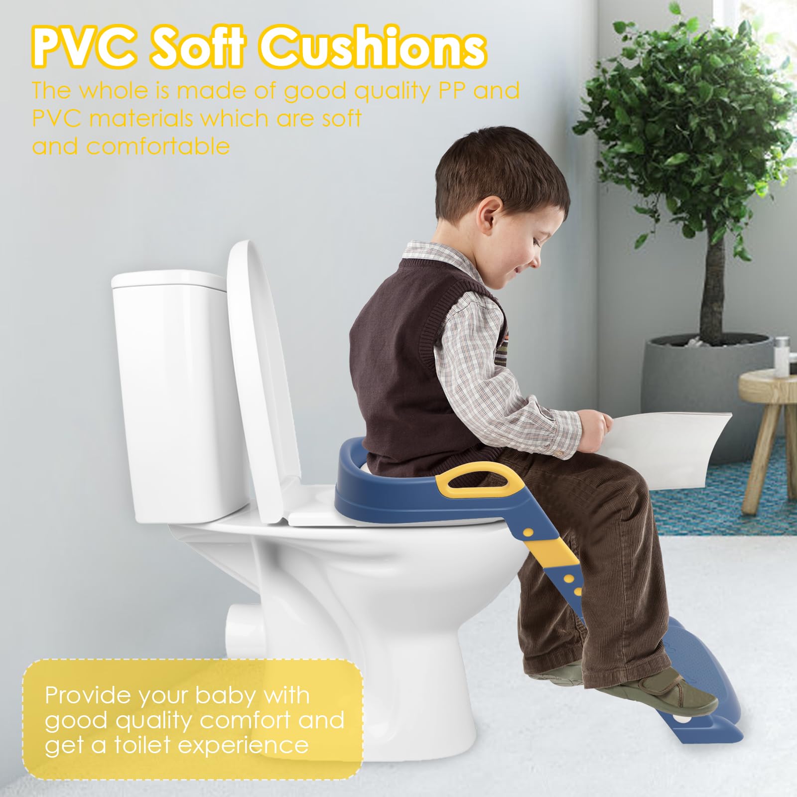Asiento de inodoro para niños con escalera, 2 en 1 asiento de inodoro para niños con acolchado de PVC suave, altura ajustable, entrenador de inodoro desmontable, resistente a salpicaduras y