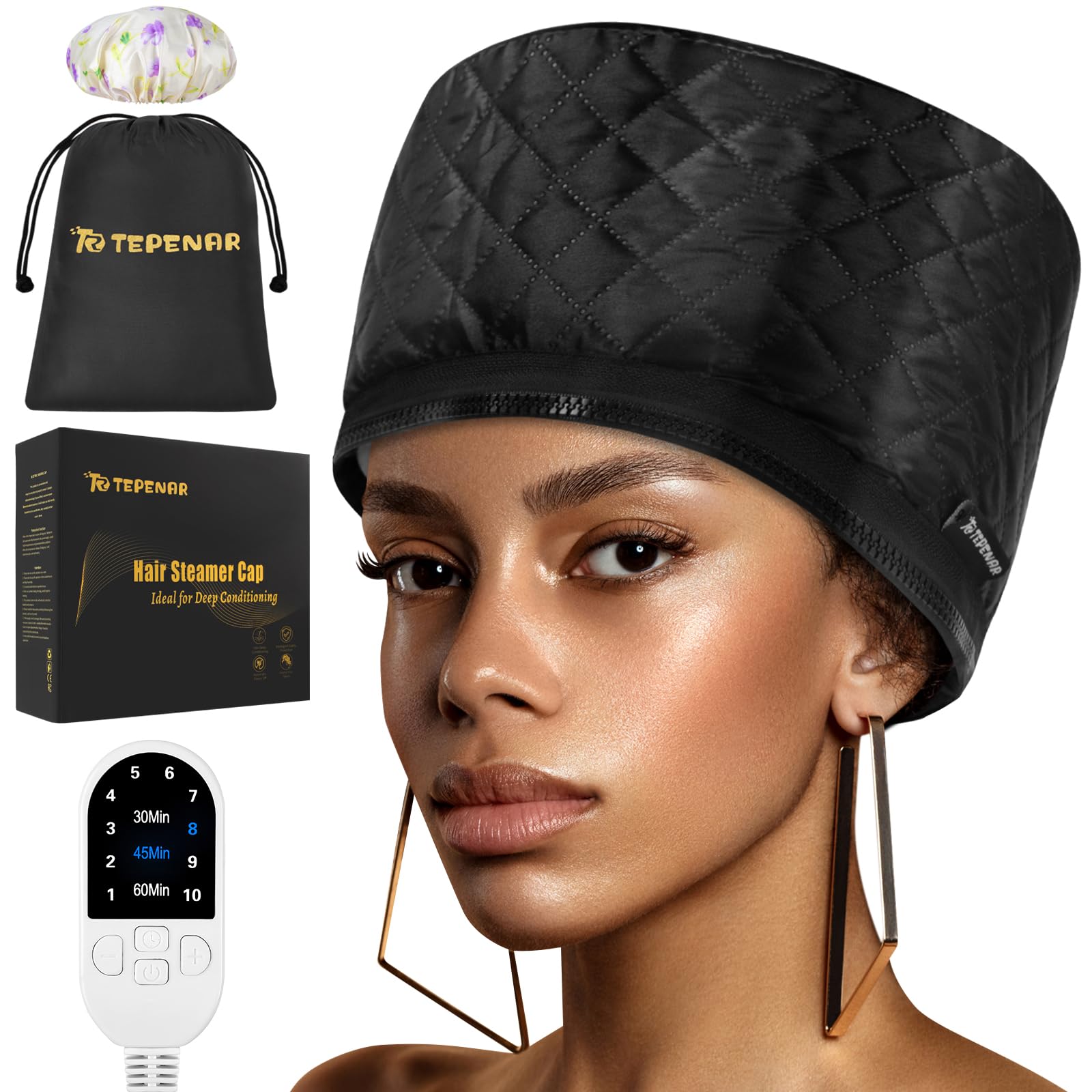 Heizkappe Heizhaube für Tiefenpflegemittel: Upgraded Wärmekappe mit 10-Stufen Schnellaufheizung & 3 Zeiteinstellungen für Natürliches Haar, Tragbare Thermo-Dampfhaube für Spa, Salon, Zuhause(Schwarz)