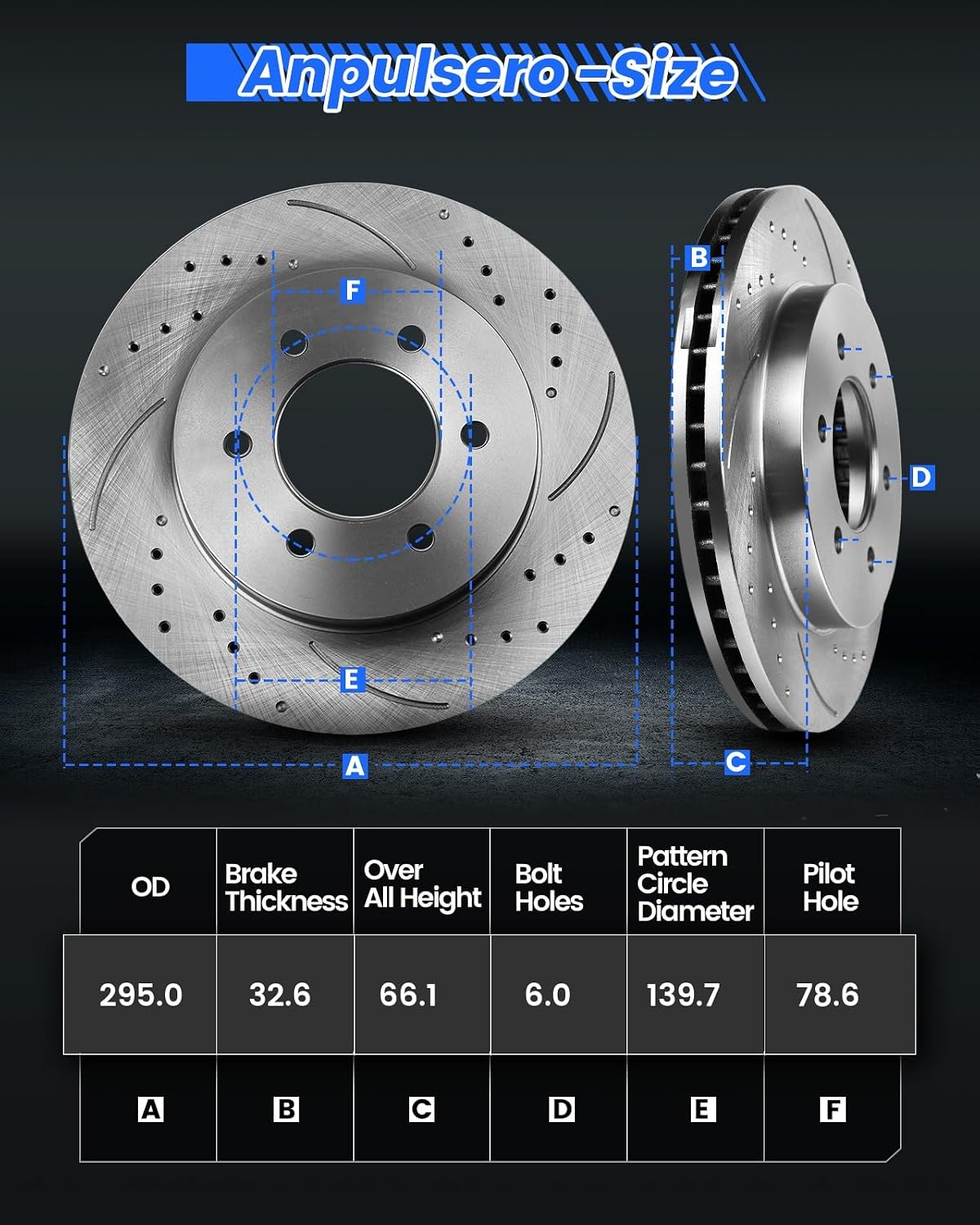 Anpulsero Brake Pads And Rotors Kit Front Compatible with 1988-1999 Chevrolet K1500, 1995-2000 Tahoe, Automotive Replacement Brake Kits 55135 D369-7259B Drilled And Slotted Rotors 295mm(11.6in)