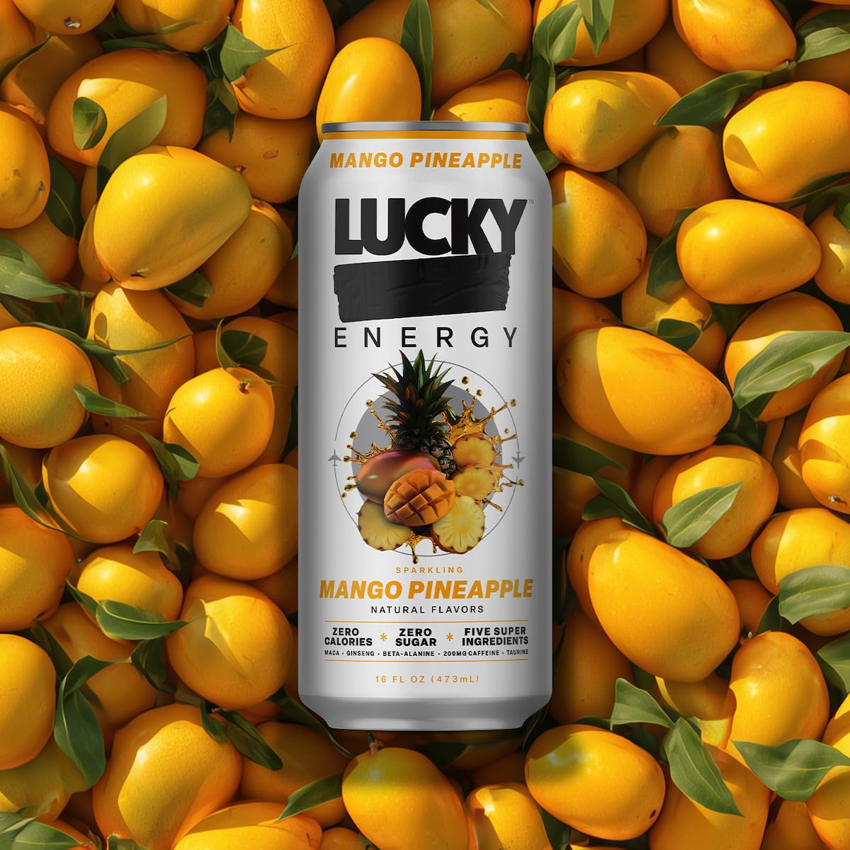 Lucky Energy Sugar Free Energy Drinks, Mango Pineapple, 16oz Cans (12-Pack) Healthy, Zero Sugar Energy Drink with Maca, Ginseng, Beta-Alanine, Taurine & 200mg Caffeine