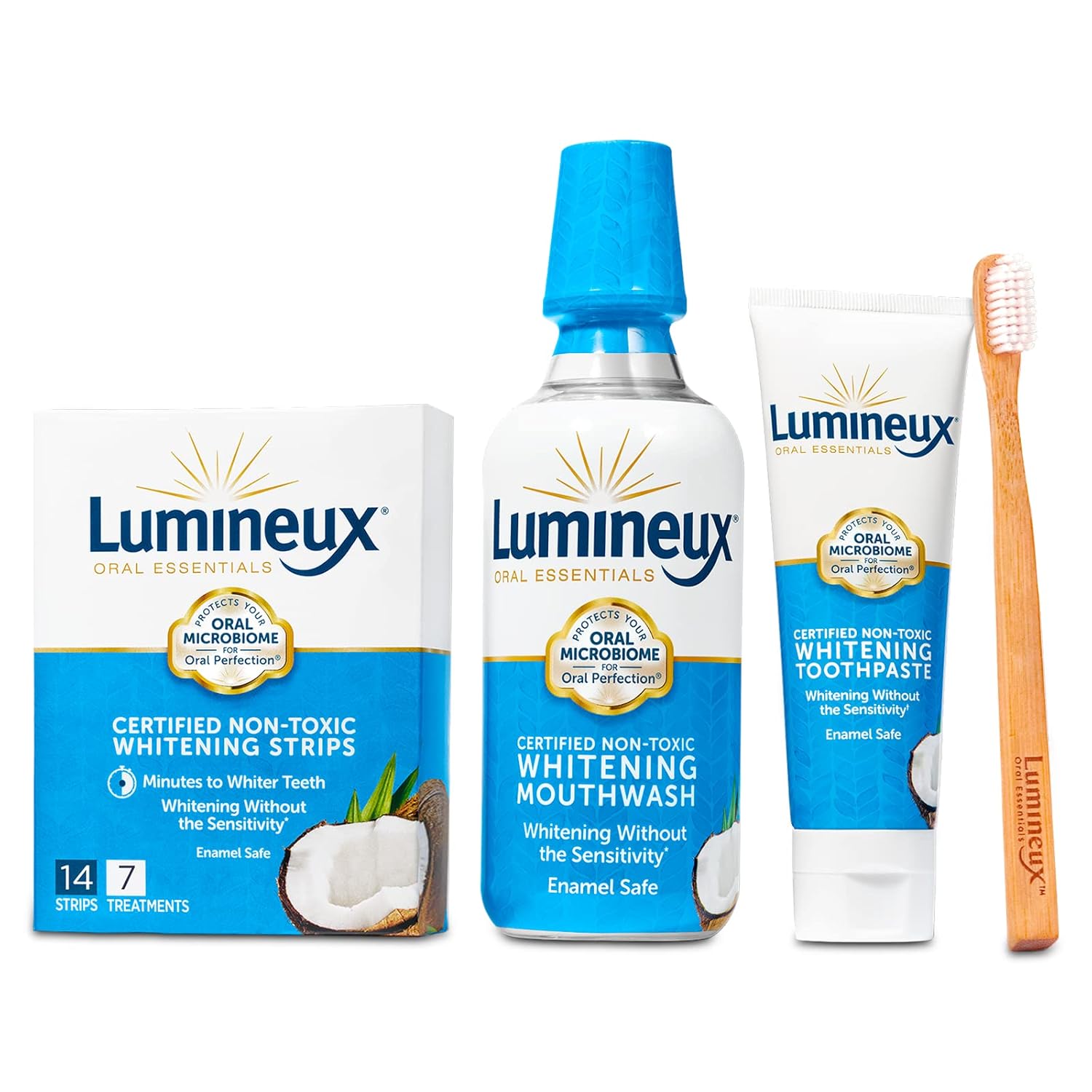 Lumineux Oral Essentials Teeth Whitening Kit - Includes 7 Treatments (14 Whitening Strips) | 1 Whitening Mouthwash, 1 Whitening Toothpaste & 1 Bamboo Toothbrush | Certified Non Toxic, Fluoride Free : Beauty & Personal Care