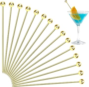 15PCS Gold Cocktail Picks for Drinks, Stainless Steel Fancy Cocktail Toothpicks, Reusable Metal Cocktail Skewers, 4.3 IN Party Garnish Sticks Martini Picks for Olives Appetizers Fruit Bloody Mary