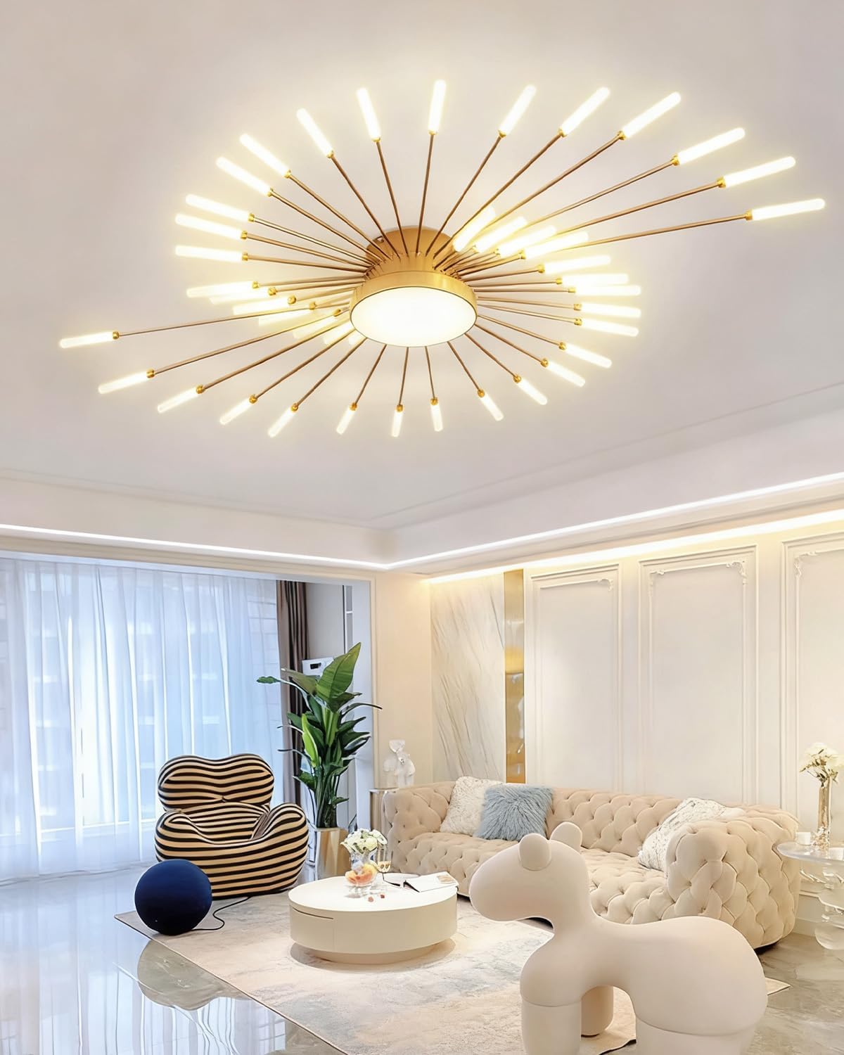 42+1 Lights LED Ceiling Light, 42W Firework Decorative Ceiling Light, 51 Inch Modern Semi-Recessed Metal Sputnik Chandelier, Gold Flower Shape Ceiling Lamp for Living Room Bedroom Kitchen Dining Room