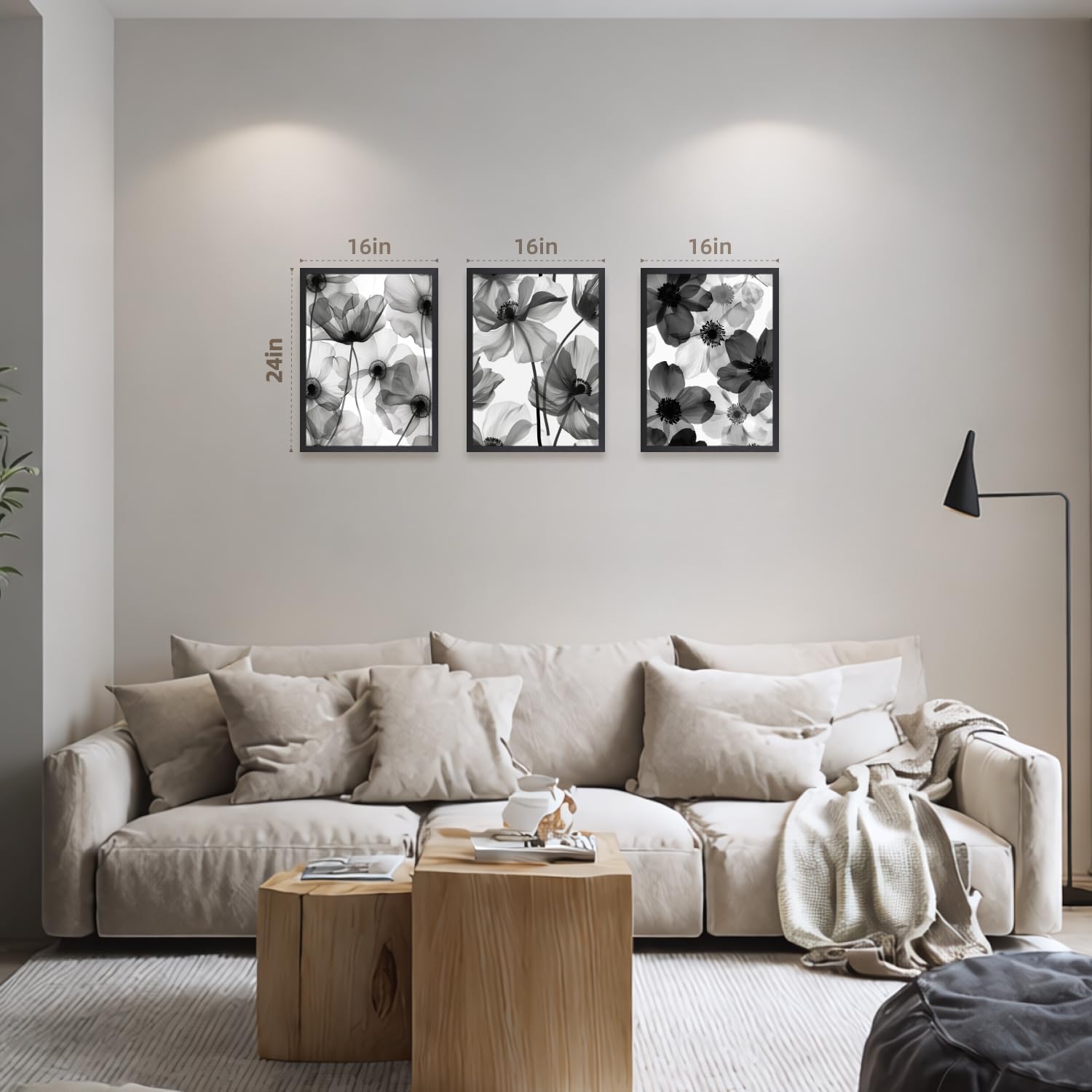 EisEver Black and White Floral Wall Art Set of 3, Neutral Minimalist Bathroom Decor, Modern Flower Canvas Prints, Elegant Nature Botanical Artworks for Bedroom Living Room Wood Framed 16x24 inch