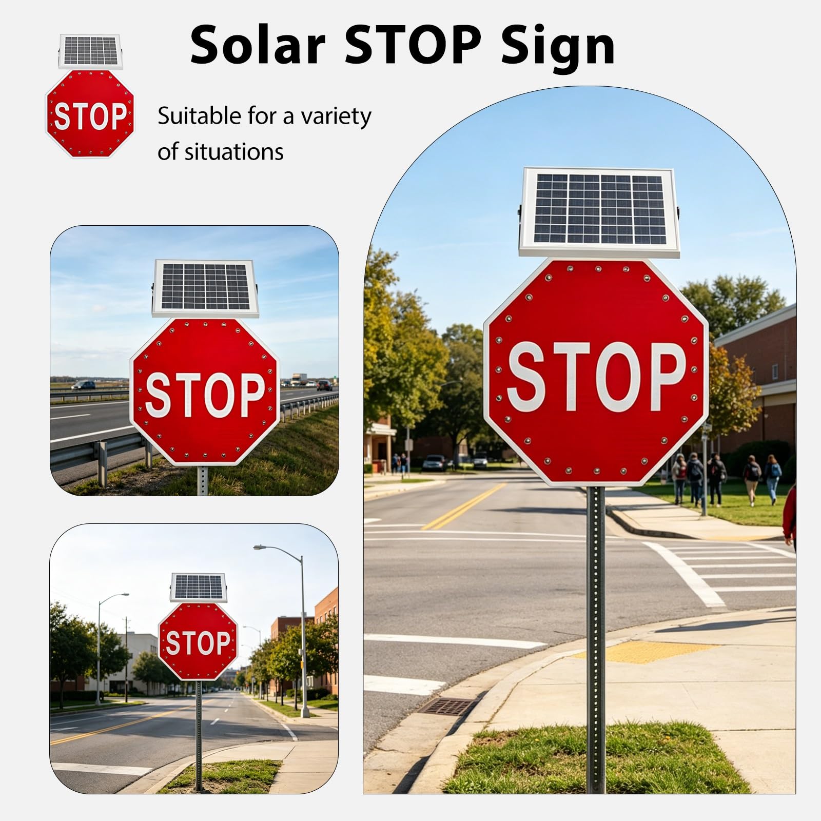 Señal de Tráfico Solar Octogonal, Cartel Reflectante con Energía Solar, Visibilidad 500 m, Marco en Aluminio, para Vías Rurales, Cruces Viales y Zonas Industriales(24")