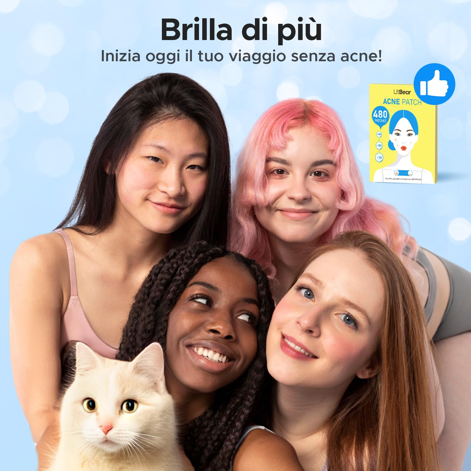 LitBear Toppe per acne in confezione grande, 480 pezzi, 3 misure, idrocolloide, acne per il viso, per coprire brufoli, imperfezioni della pelle e acne, adatte per tutti i tipi di pelle