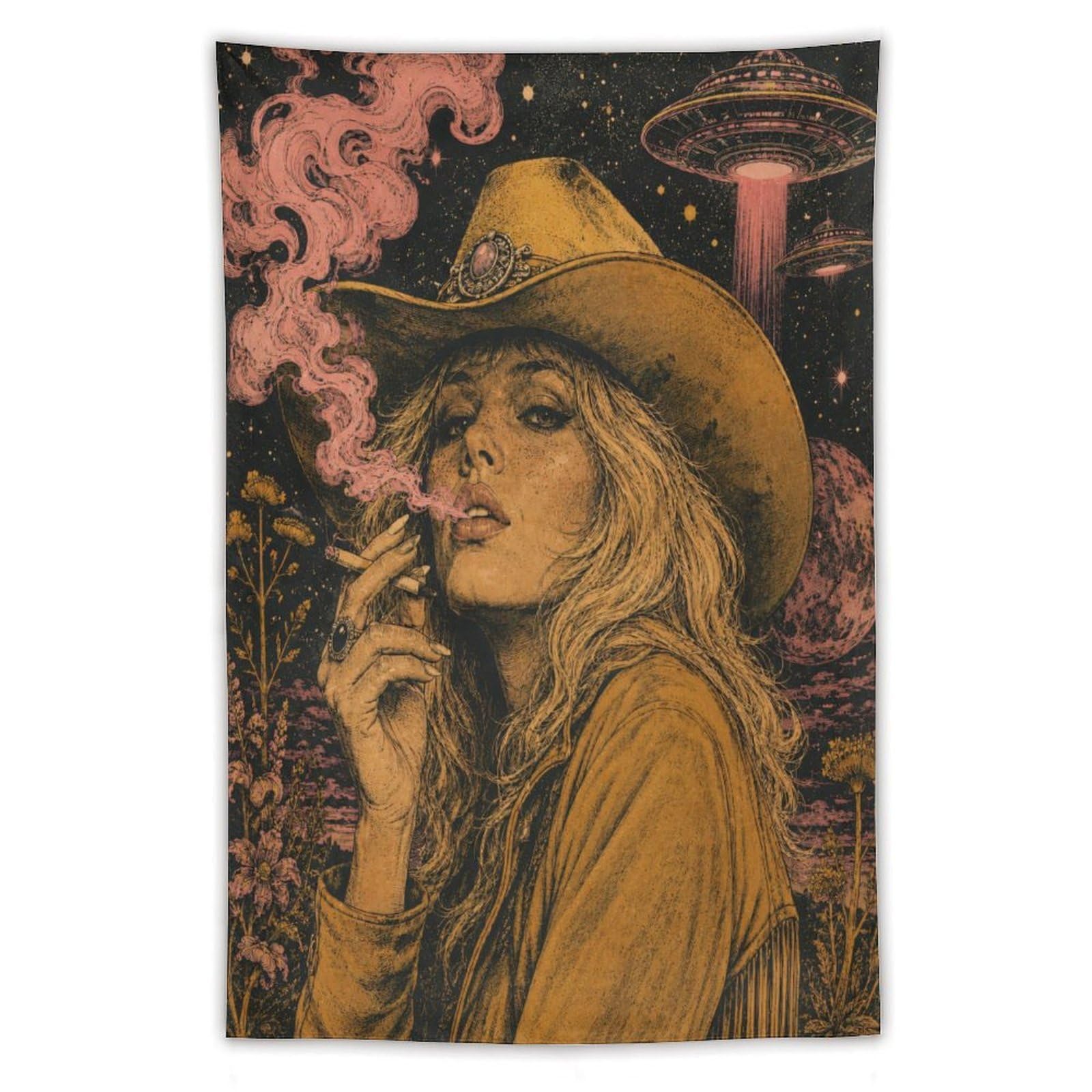 W7C8U2X3 Cowgirl Smoking under UFO Wall Tapestry, Vintage Poster, Sofa Area