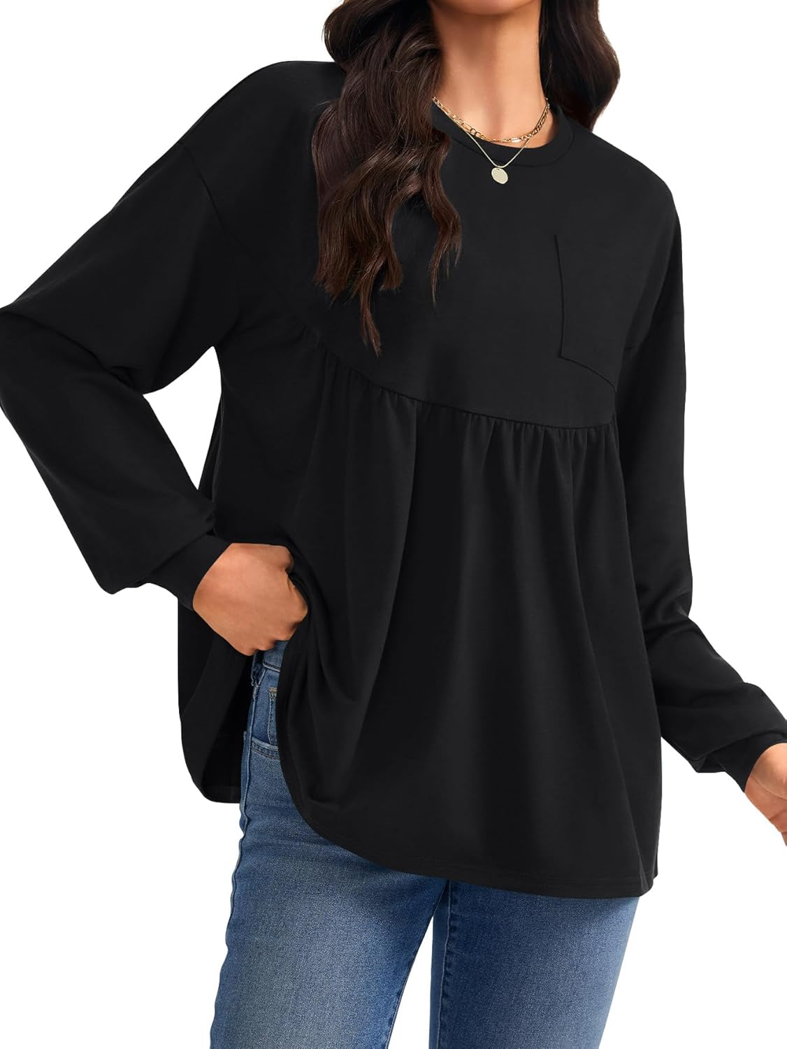 Vrtige Women's Peplum Long Sleeve Crew Neck Ruffle Babydoll Blouses Top with Pocket