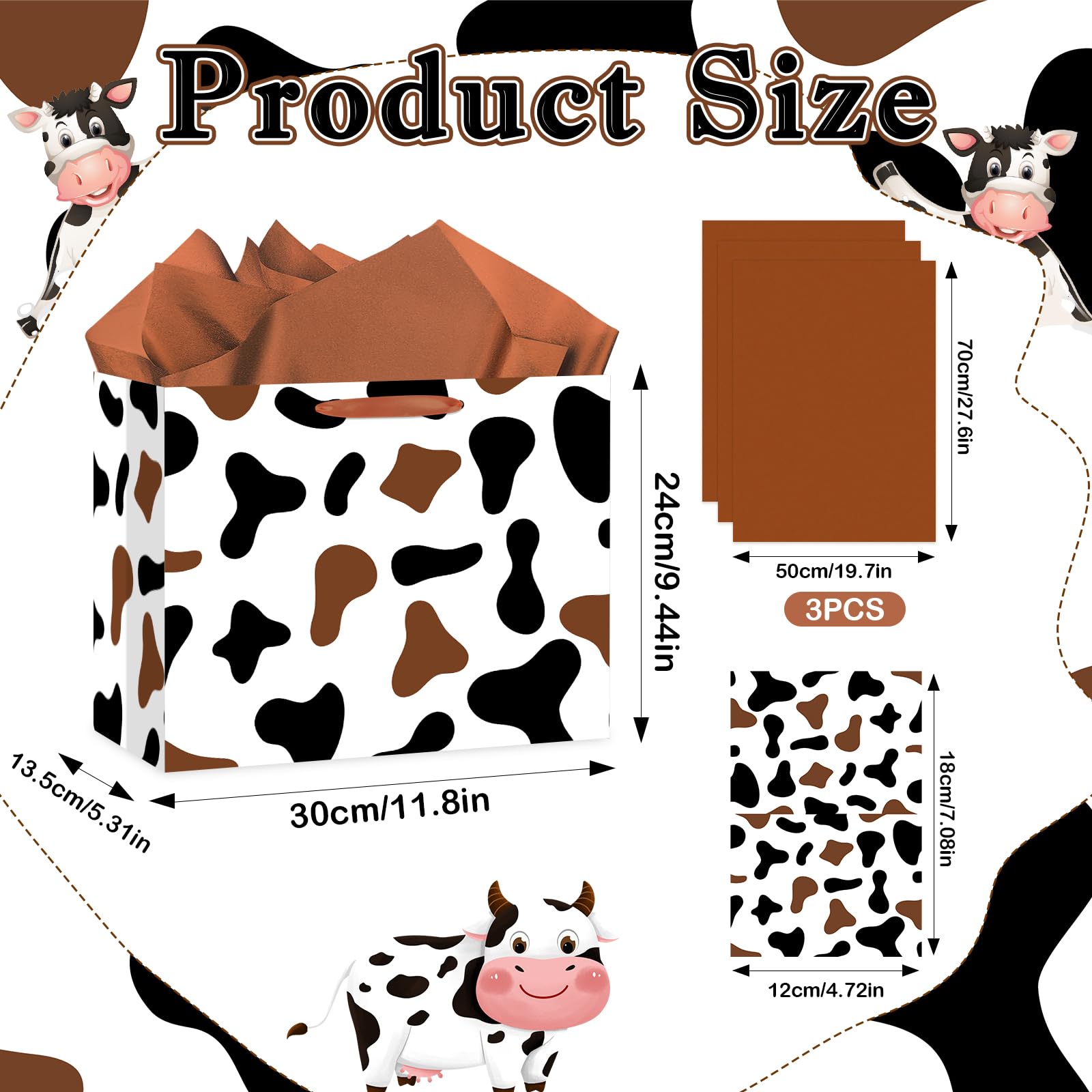 Large Brown Cow Print Gift Bag with Tissue Paper and Card Cow Party Favors Bag Brown Farm Animal Goodie Bags Cowboy Paper Bags for Cowboy Cowgirl Theme Birthday Party Wedding Shower Supplies